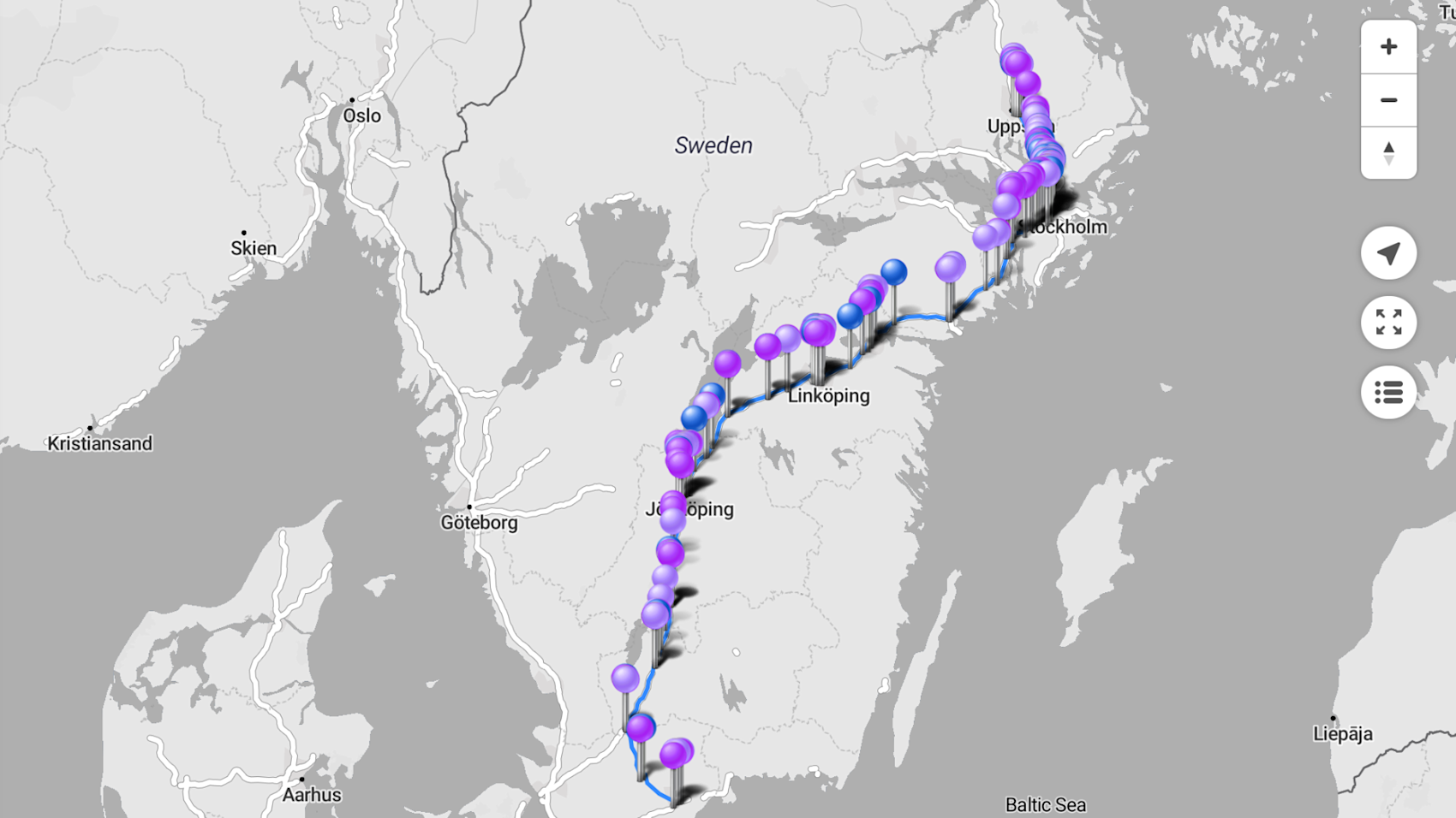 Rutt mellan Uppsala och Kristianstad med laddstationer. (Skärmbild: Chargefinder)