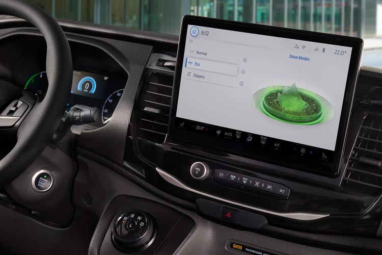 Ford e-transit detail interior sync4 touchscreen eco mode
