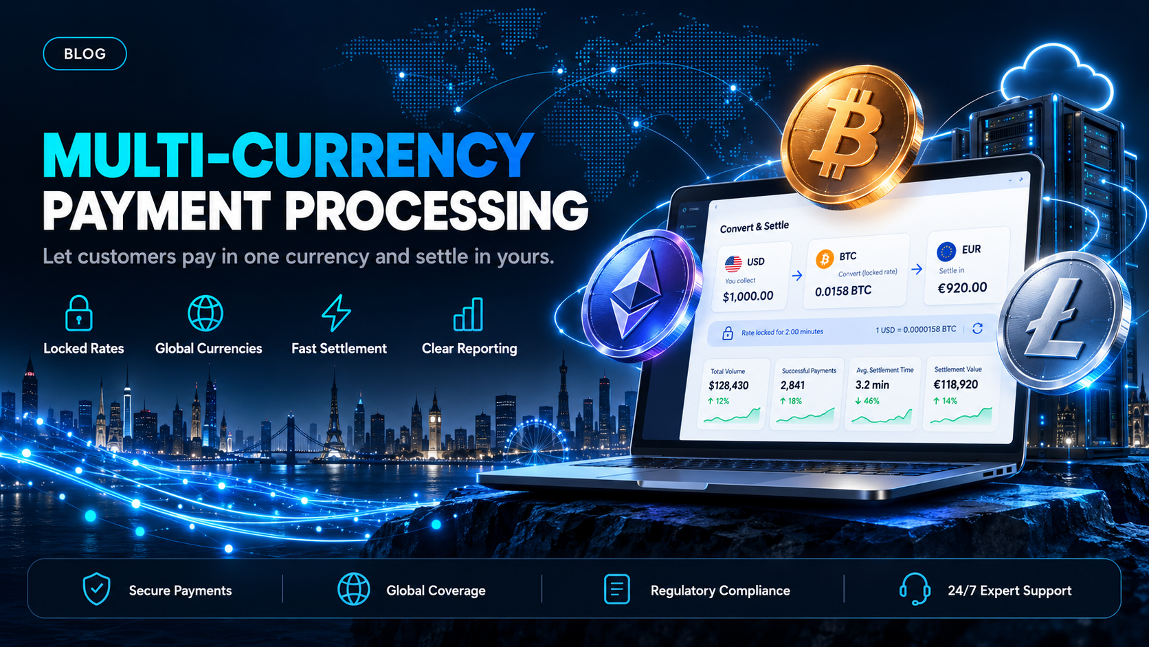 Multi currency payment processing: charging in one currency, settling in another