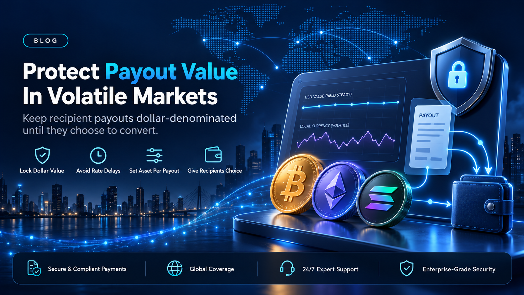 Stablecoin payouts for recipients in volatile-currency markets