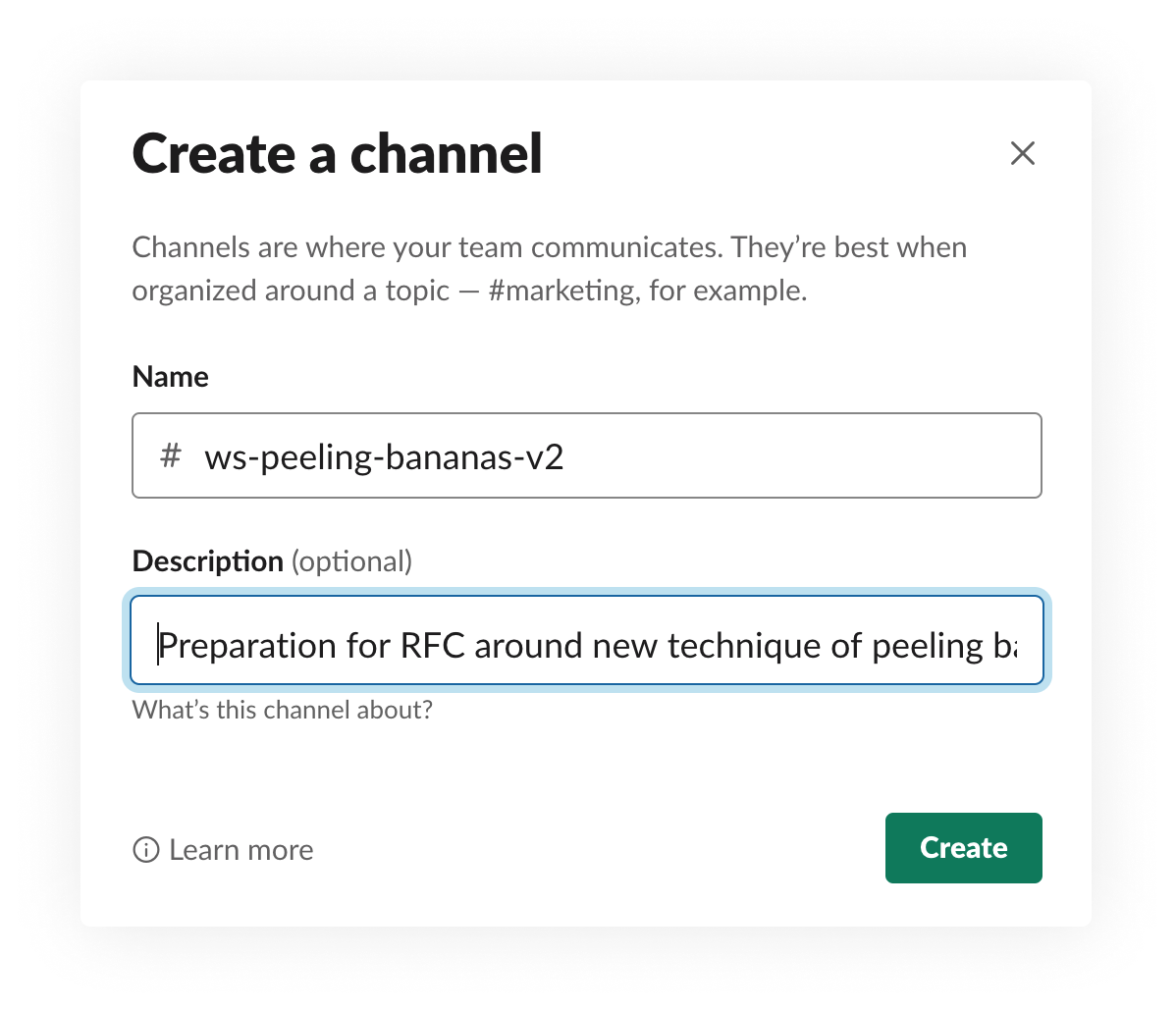Screenshot of creating a Slack Channel about Peeling Bananas