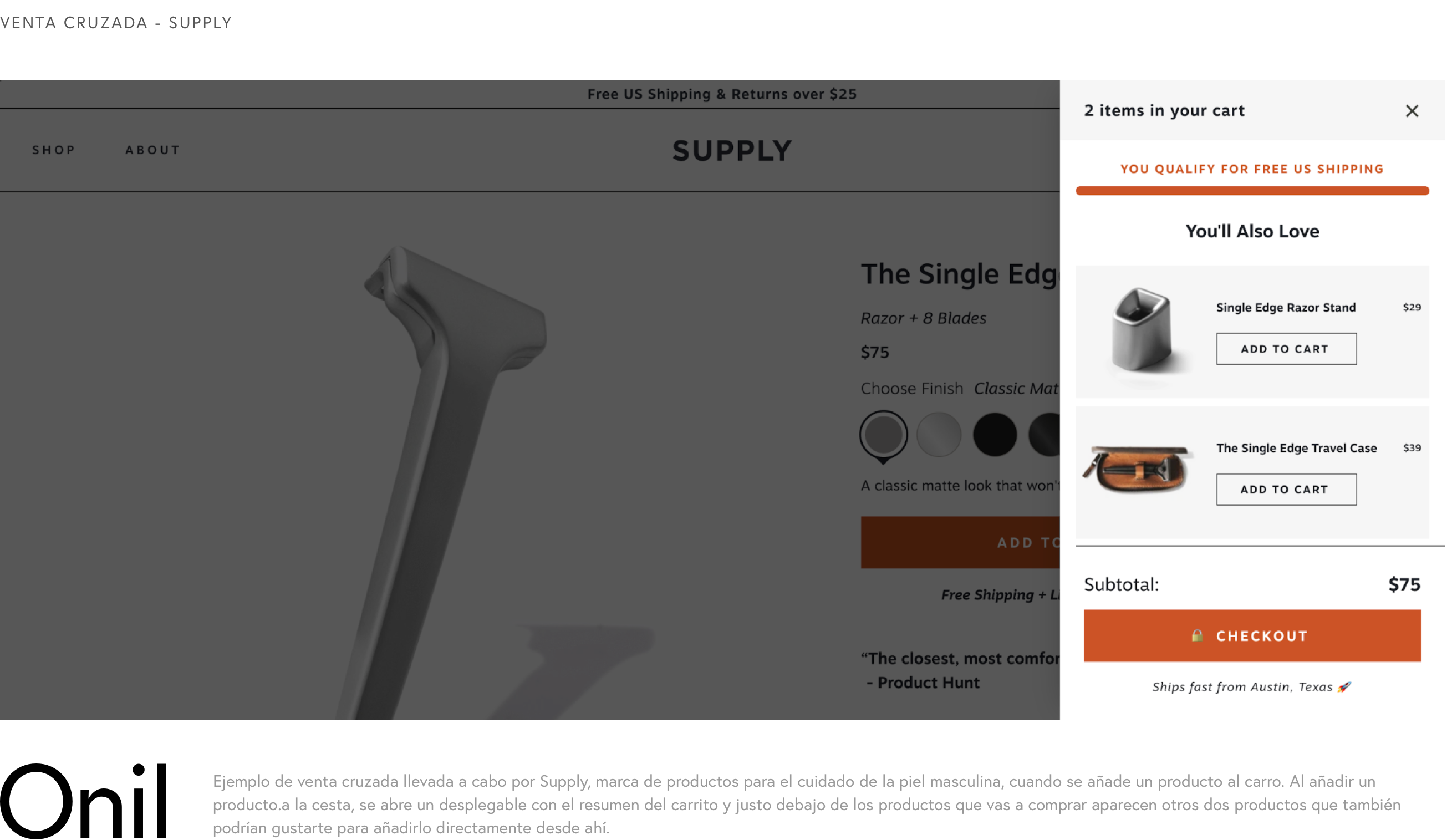 Cross Selling - Example of a cross selling carried out by Supply when a product is added to the cart.