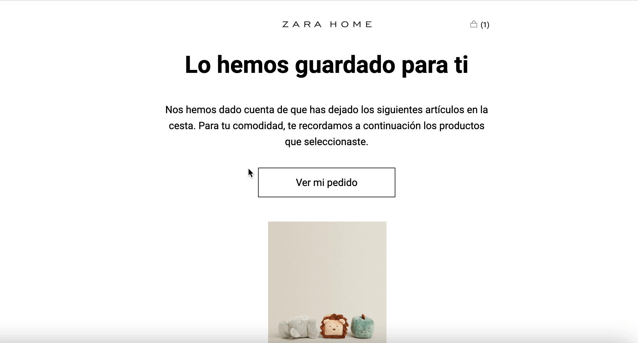 Correo electrónico de Zara Home recordando productos olvidados en el carrito - Marca de artículos de decoración para el hogar
