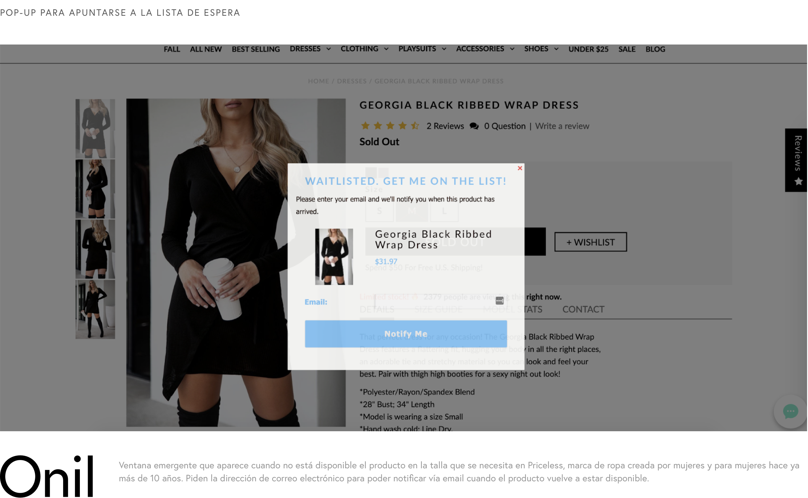 Pop-up to sign up for the waiting list - Pop-up window that appears when the product in the size you need is not available at Priceless.