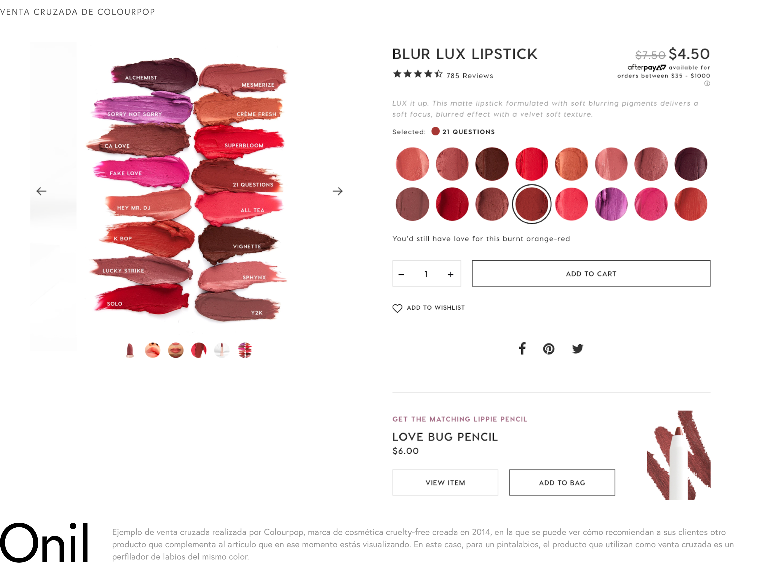 Venta cruzada de Colourpop - Ejemplo de venta cruzada de Colourpop en la que para un pintalabios, el producto que utilizan como venta cruzada es un perfilador de labios del mismo color.