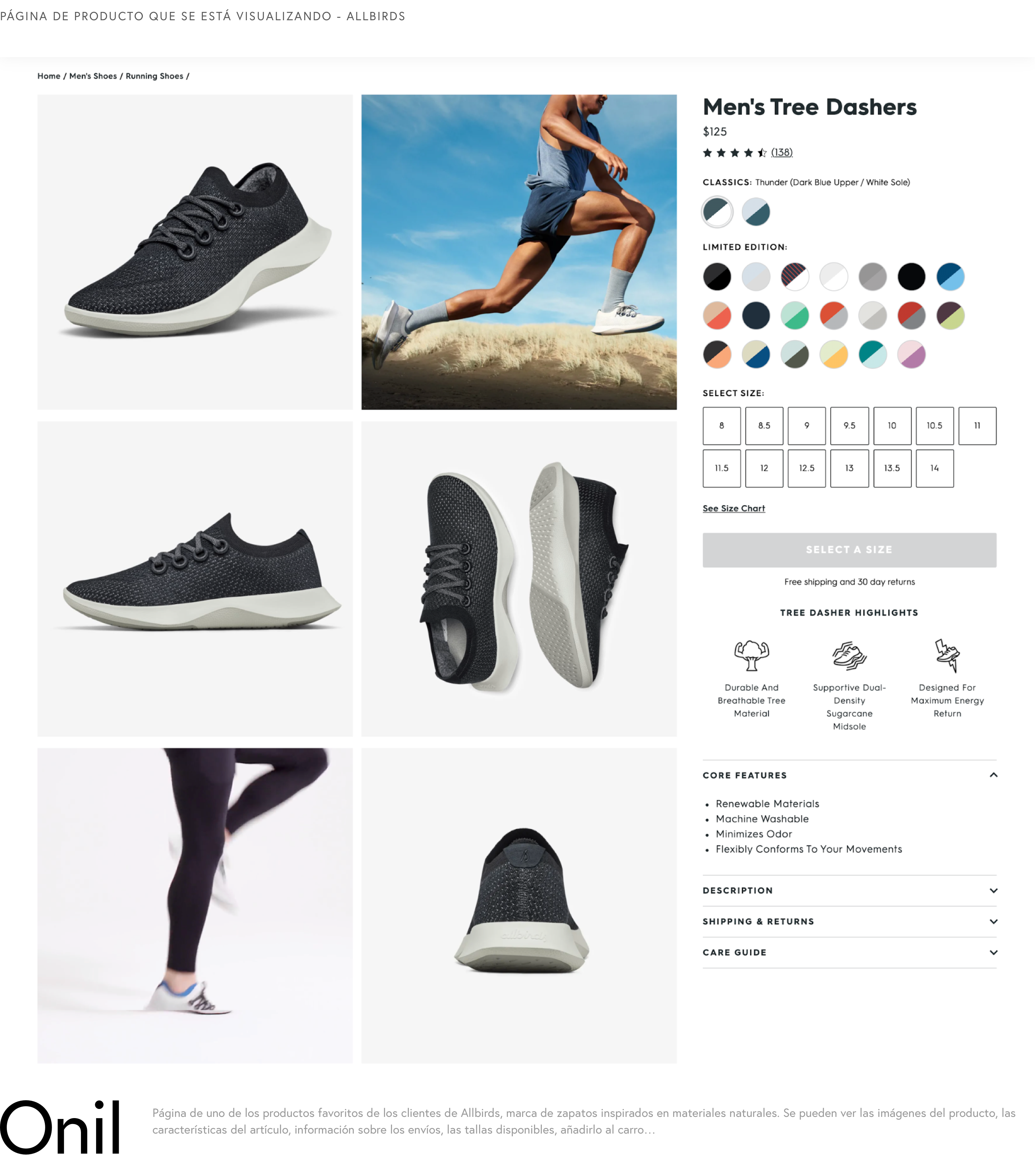 Page of the product being viewed - You can see the images of the product, the characteristics of the article, information about shipments, the available sizes, add it to the cart...
