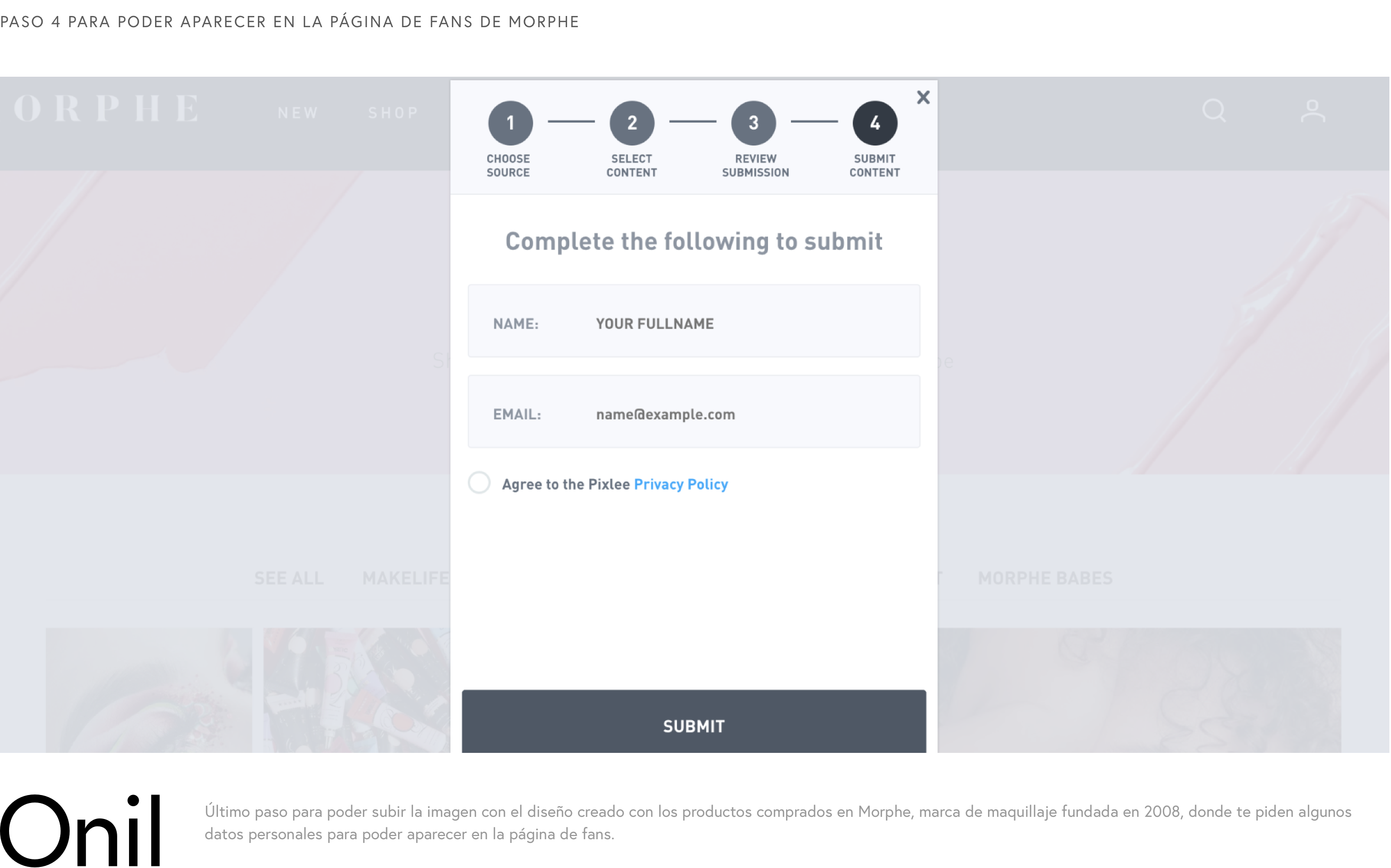 Step 4 to be able to appear on the Morphe fan page - Last step to be able to upload the image with the design created with the products purchased in Morphe, where they ask you for some personal information to be able to appear on the fan page.