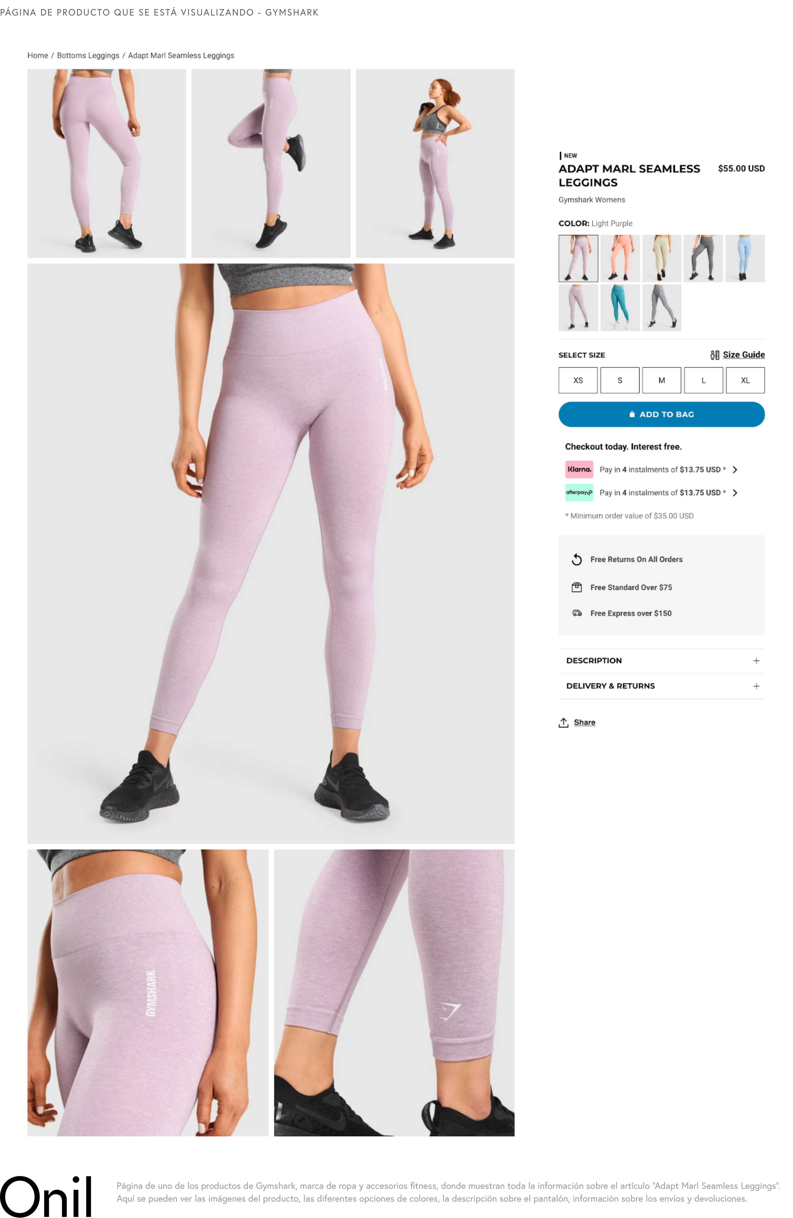 Product page being displayed - Page of one of Gymshark's products where they show all the information about the article “Adapt Marl Seamless Leggings”.