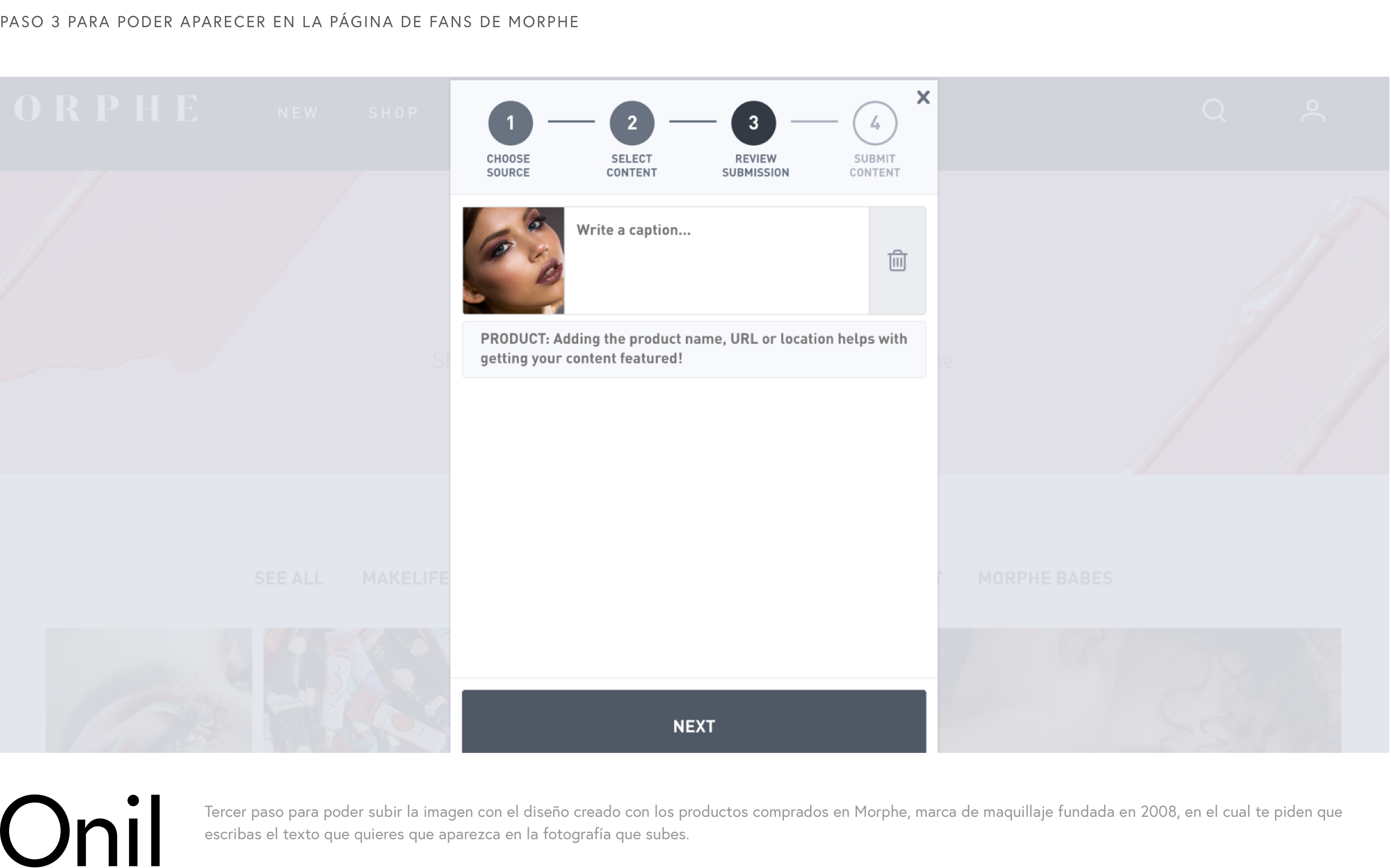 Step 3 to be able to appear on the Morphe fan page - Third step to be able to upload the image with the design created with the products purchased in Morphe, in which they ask you to write the text that you want to appear in the photograph that you upload.