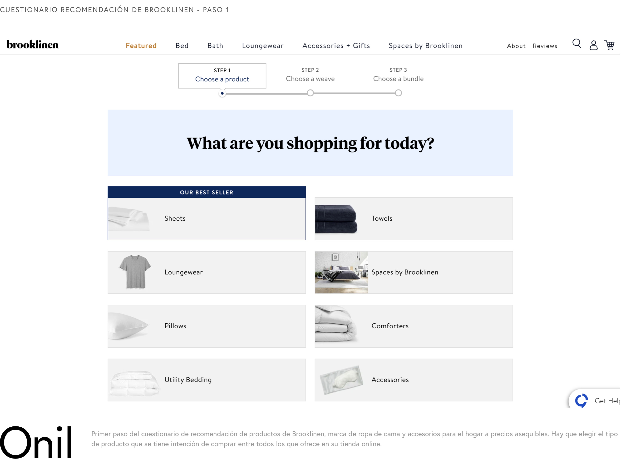 Brooklinen Recommendation Questionnaire, Step 1 - First step of the Brooklinen Product Recommendation Questionnaire. Choose the type of product that you intend to buy among all those offered in your online store.