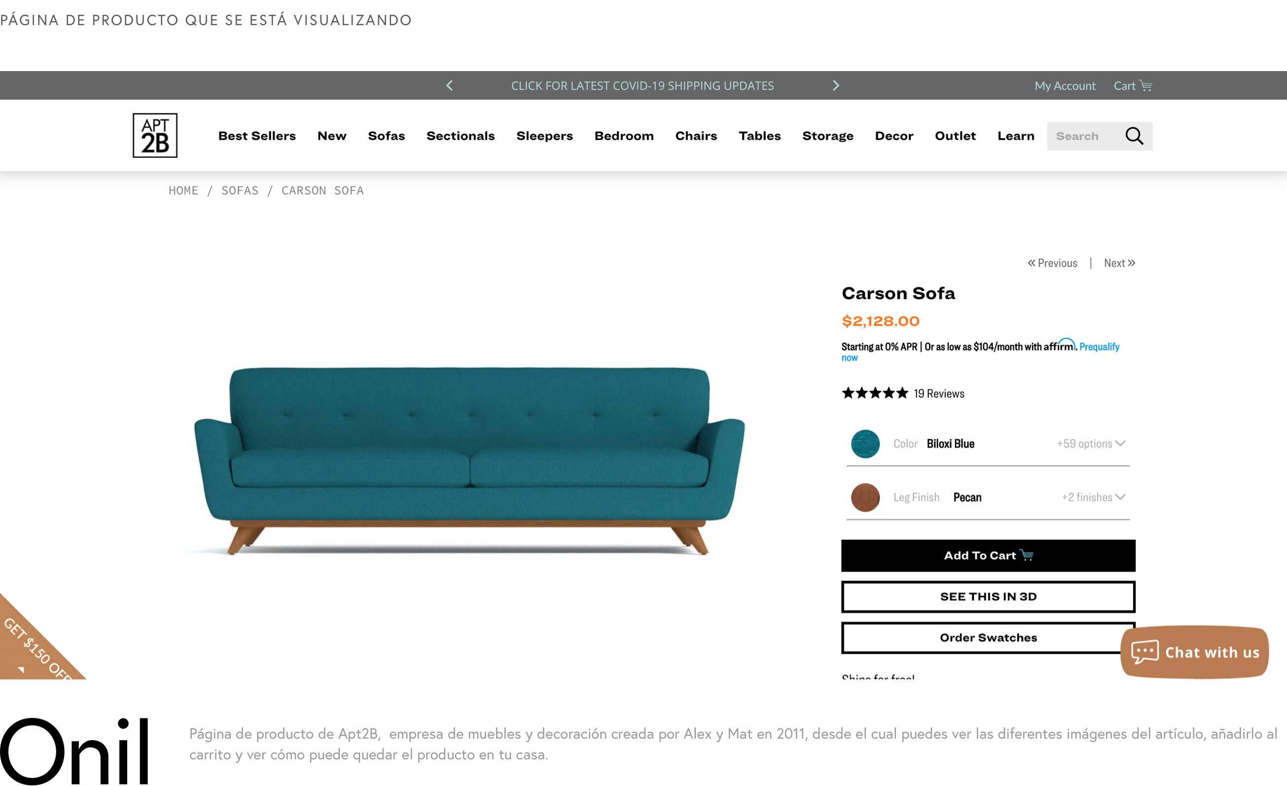 Product page being viewed - Apt2B product page, a furniture and decoration company created by Alex and Mat in 2011, from which you can see the different images of the item, add it to the cart and see how the product can look in your home.