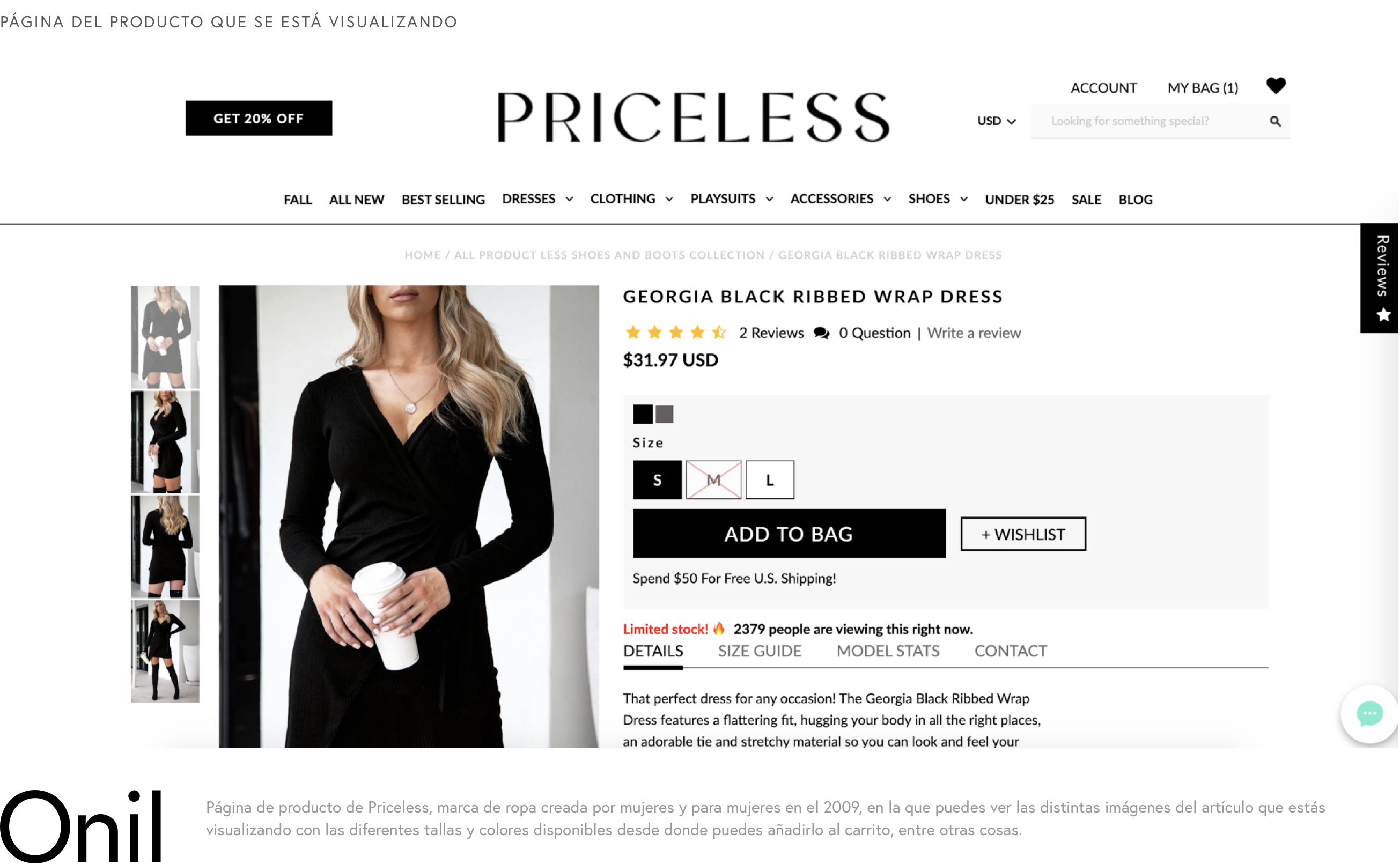 Page of the product being viewed - Clothing brand created by women and for women, where you can see the different images of the item you are viewing with the different sizes and colors available.