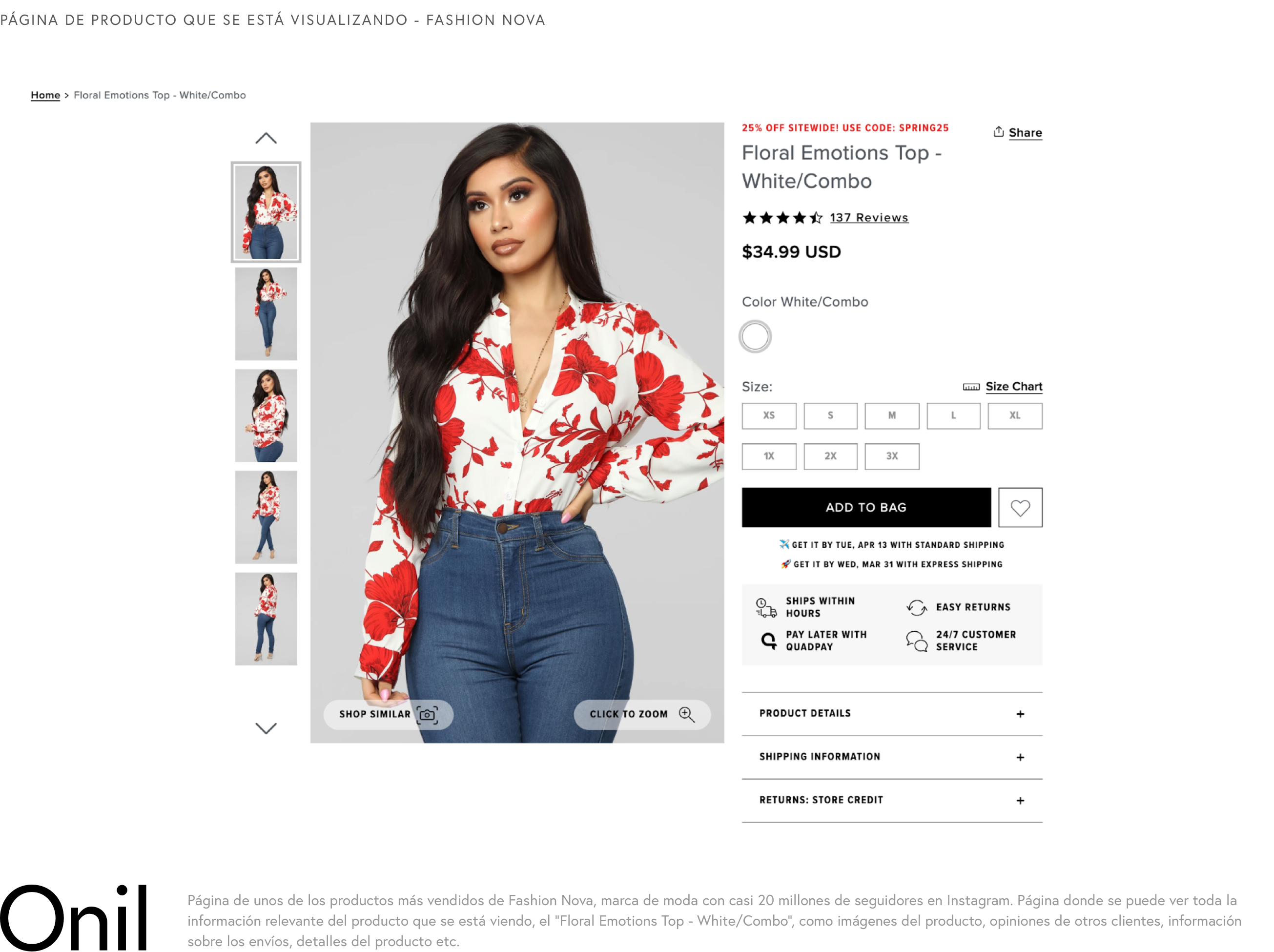 Página de producto que se está visualizando - Página de unos de los productos más vendidos de Fashion Nova donde se puede ver toda la información relevante del producto que se está viendo