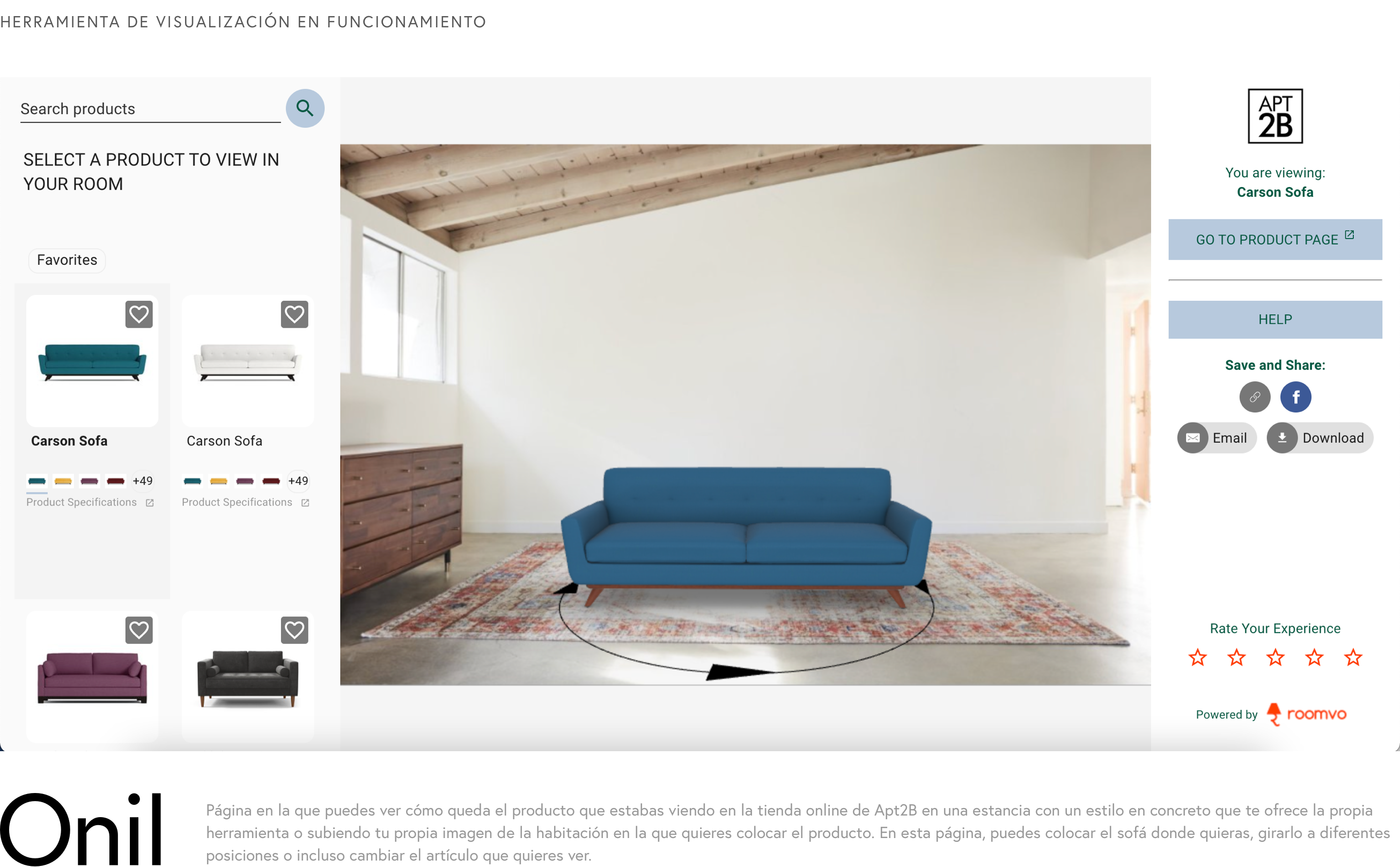 Herramienta de visualización en funcionamiento - Página en la que puedes ver cómo queda el producto de Apt2B en la estancia en la que quieres colocar el producto.