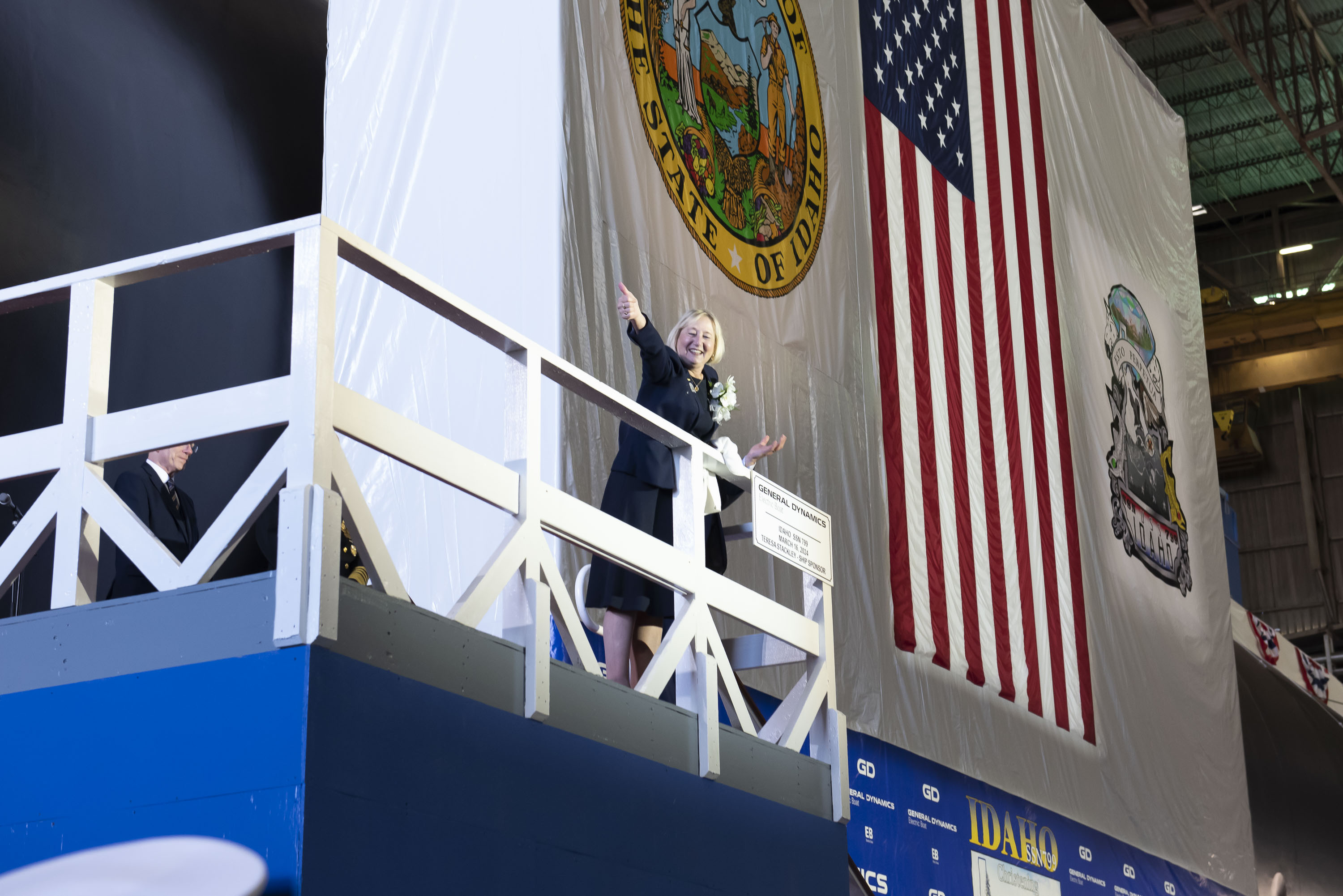 Ship's Sponsor Terry Stackley Waves to Christening Guests