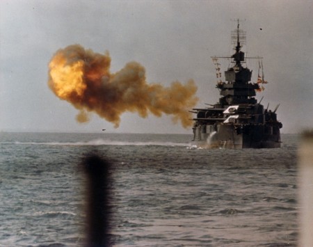 USS IDAHO BB42 Bombarding Okinawa, 1 April 1945