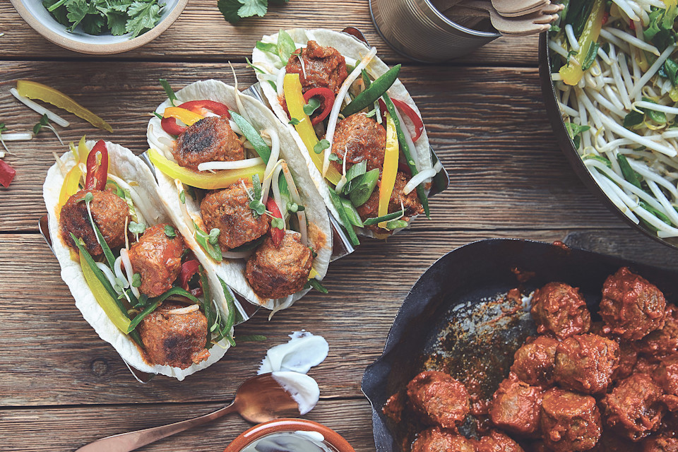 Gochujang Quorn Balls, Kimchi Rice & Stir Fried Veg