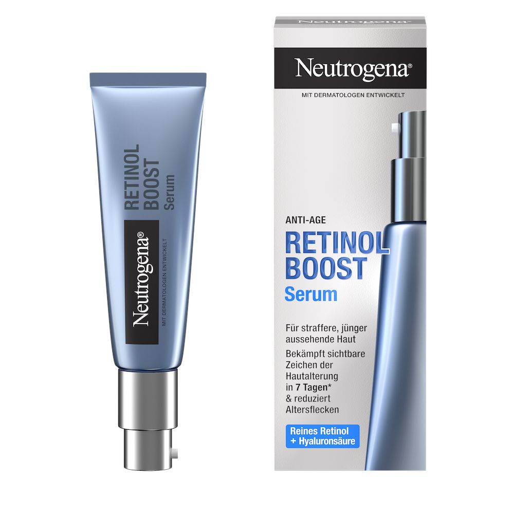 Vorderansicht Neutrogena Retinol Boost Serum Produkt neben der Verpackung
