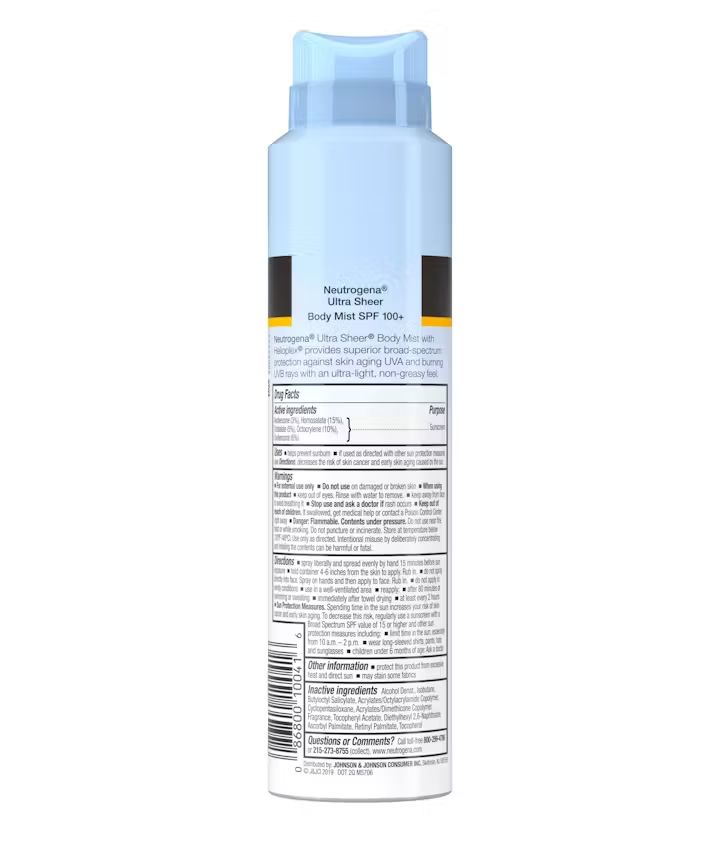 Neutrogena Ultra Sheer Lightweight Sunscreen Spray, SPF 100+, 5 oz, back of the package