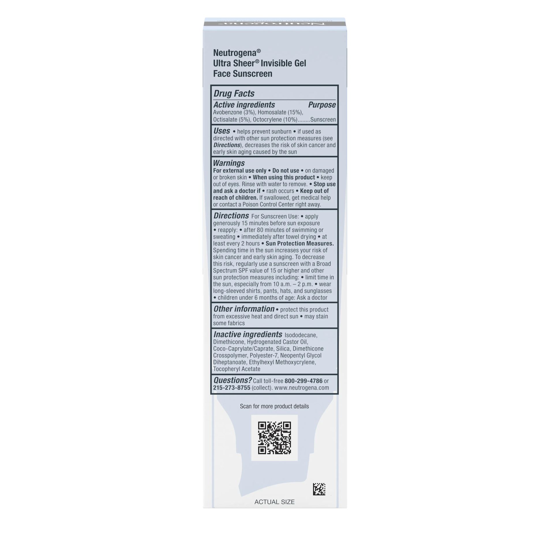 Neutrogena Ultra Sheer Invisible Gel Face Sunscreen Broad Spectrum SPF 40 Back of Packaging