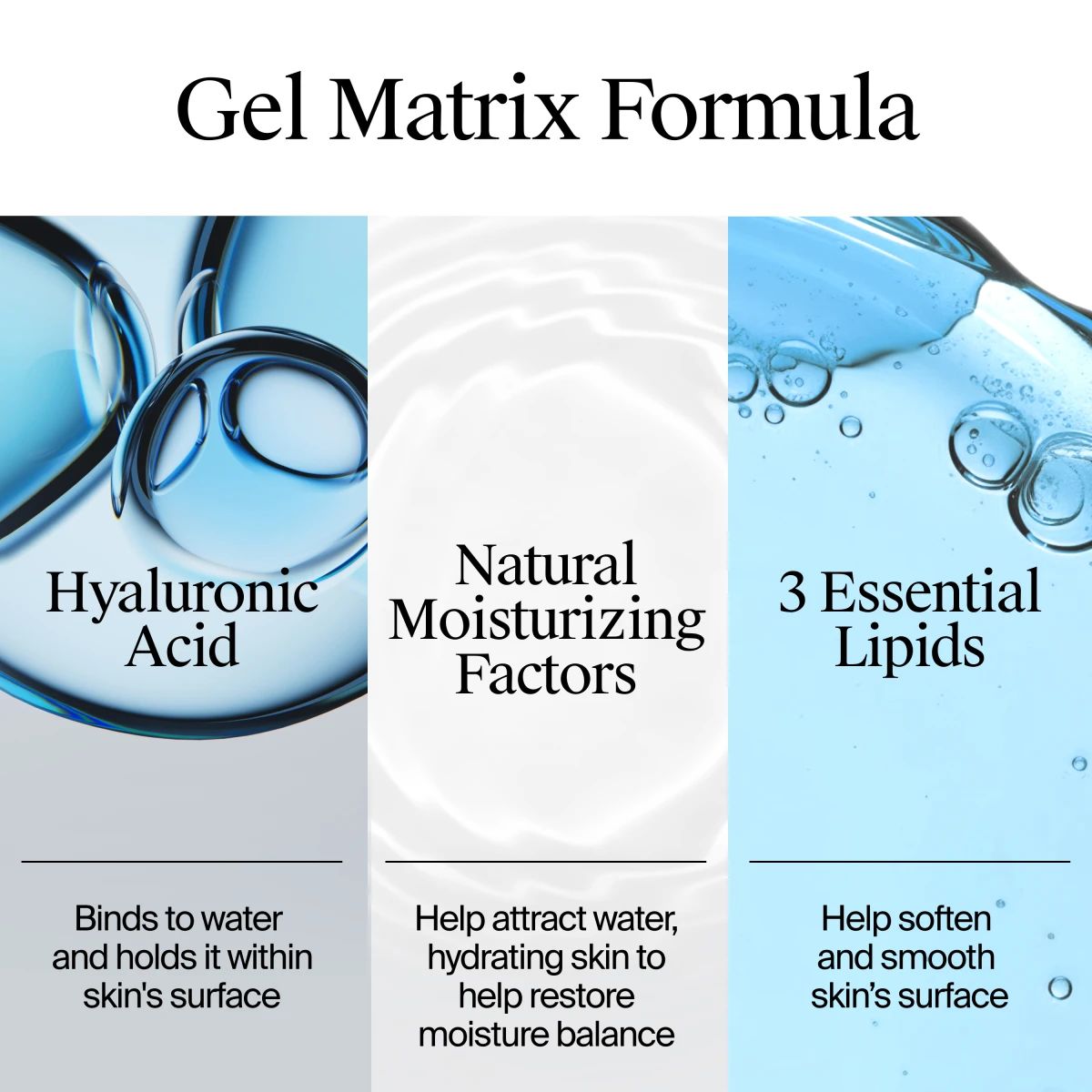 Gel matrix formula graphic highlighting hyaluronic acid, natural moisturizing factors and 3 essential lipids.