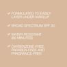 SPF 30 broad spectrum, water resistant 80 minutes, layers under makeup, fragrance-free
