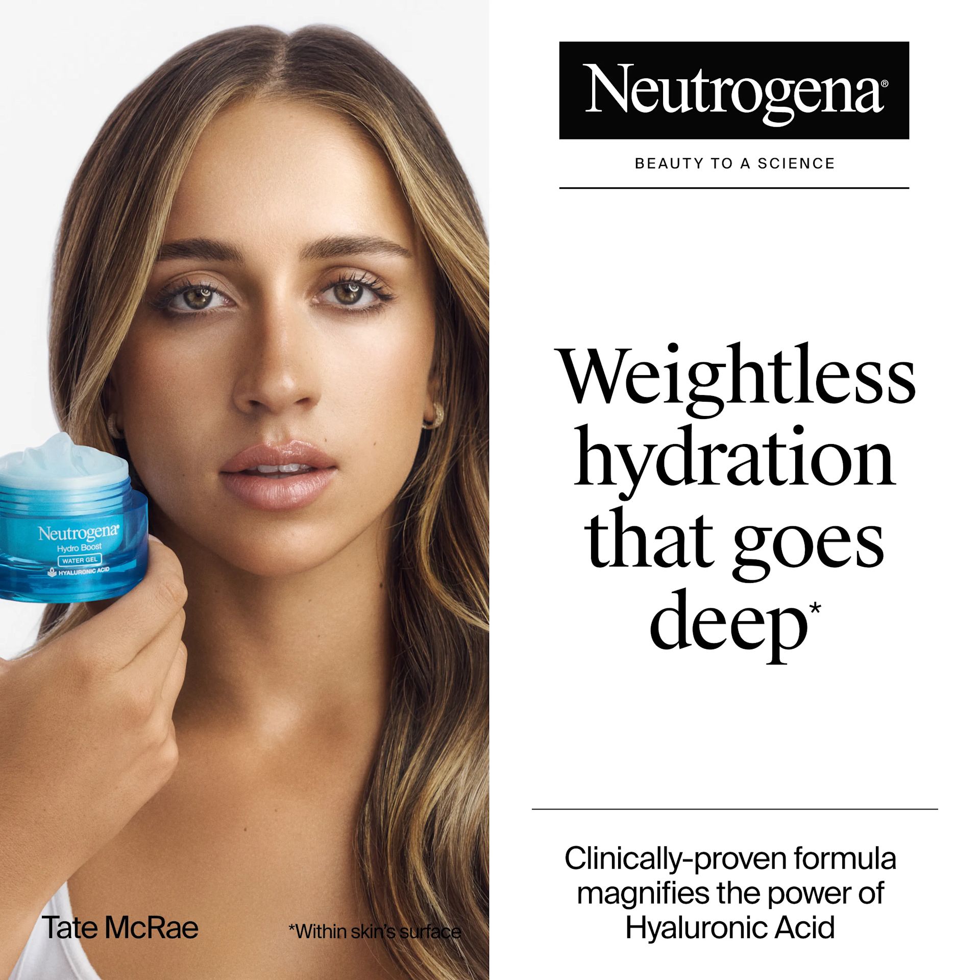 Tate McRae holding an opening jar of Neutrogena Hydro Boost Gel Moisturizer