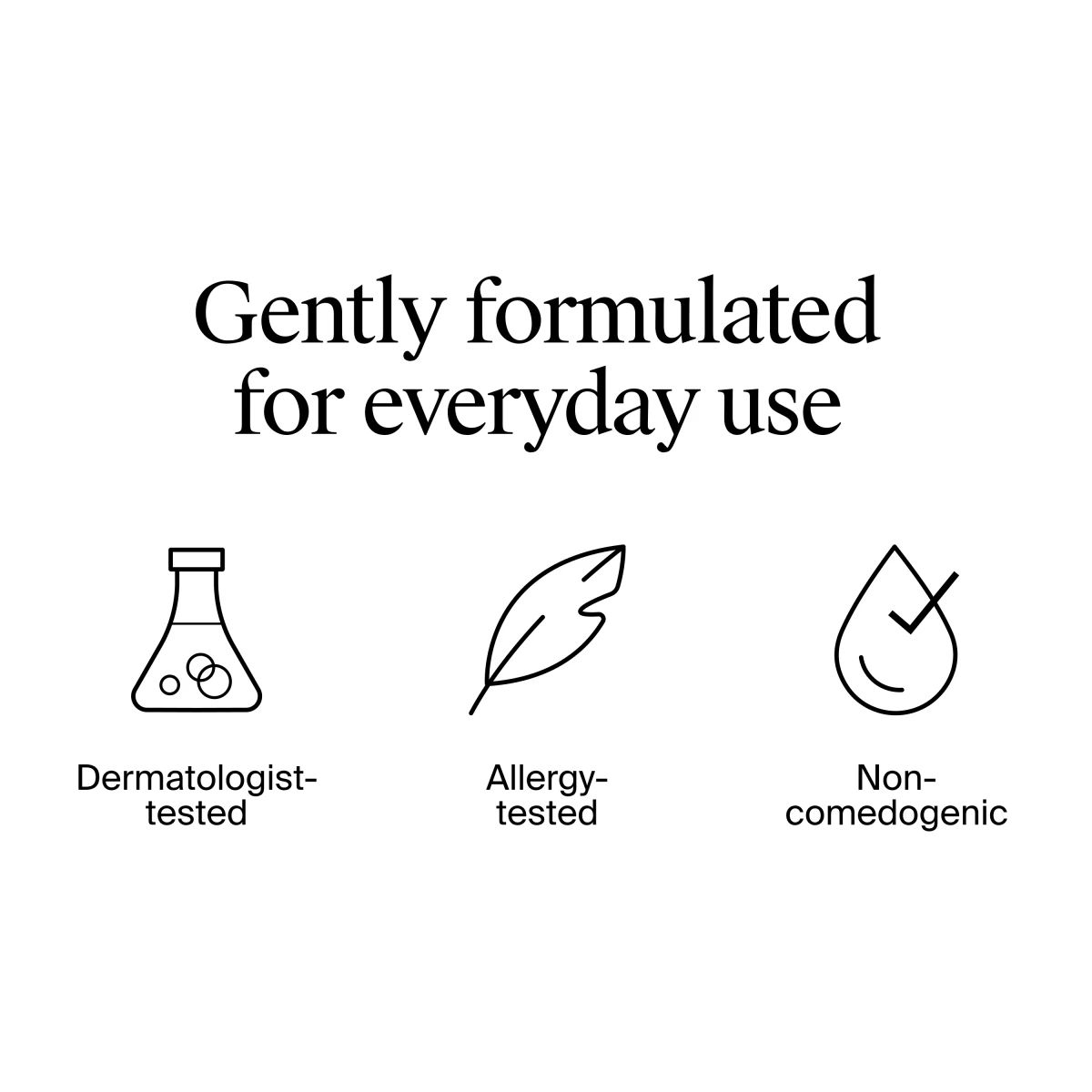 Icons show dermatologist tested, allergy tested, non comedogenic for daily use
