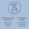 Text stating 'formulated without mineral oil, parabens, dyes'