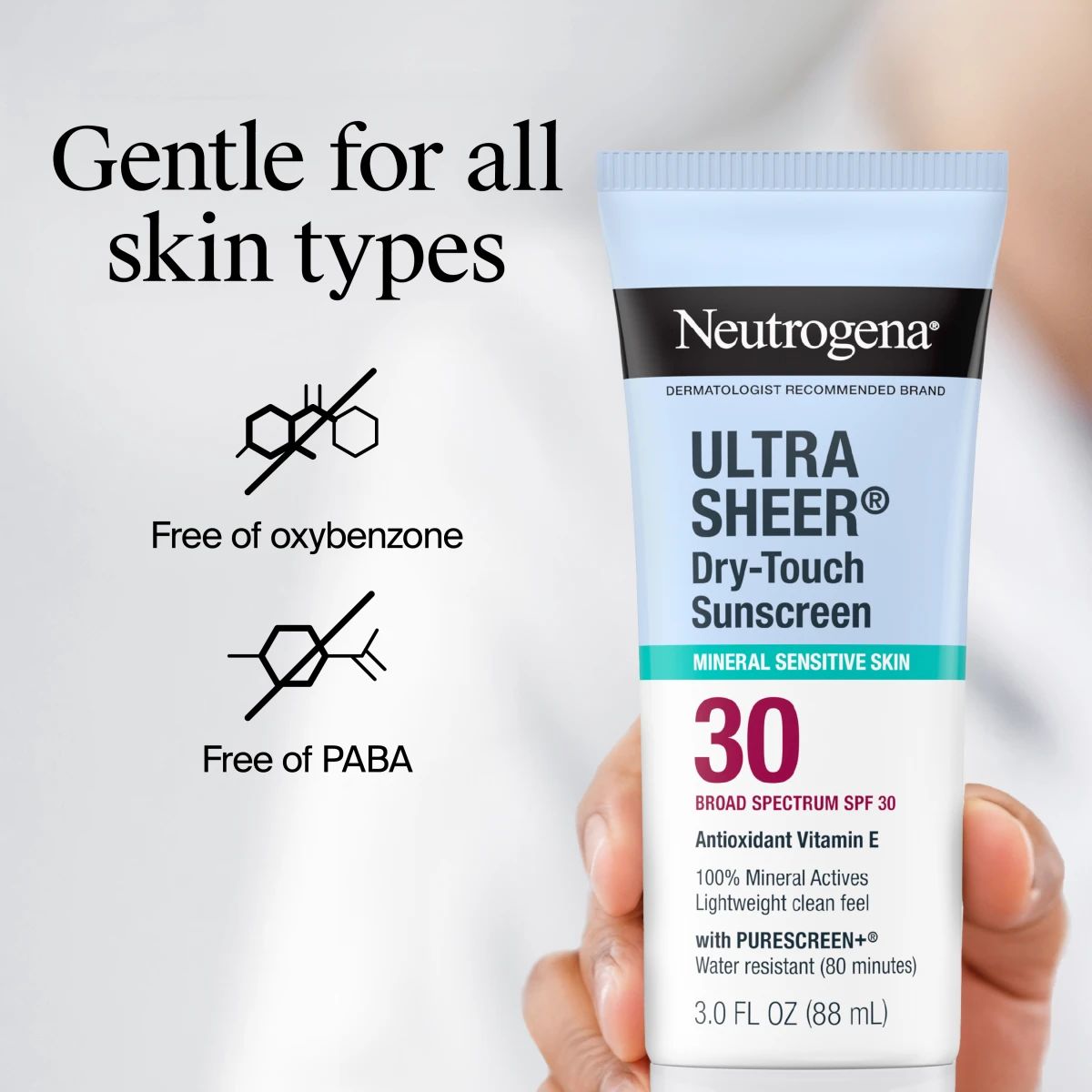 Neutrogena® tube beside gentle for all skin types headline and icons for oxybenzone and PABA free