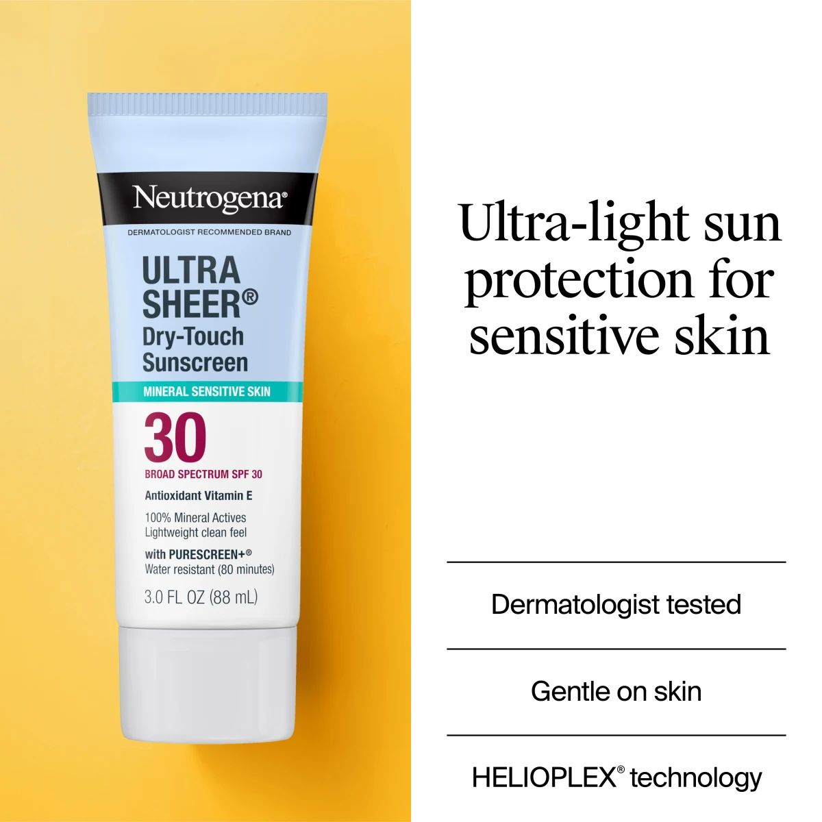 Neutrogena® Ultra Sheer® Dry-Touch tube on yellow background promoting ultra-light protection