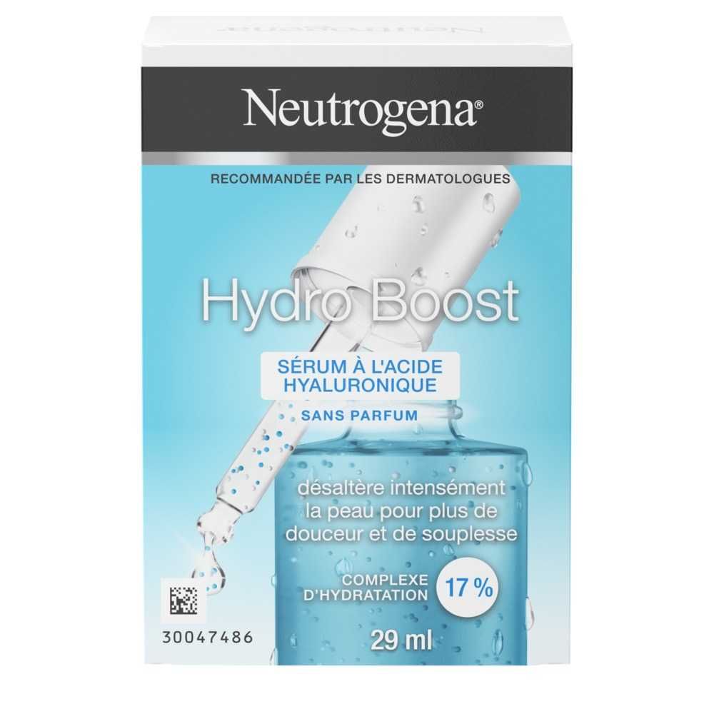 Neutrogena Hydro Boost Hyaluronic Acid Serum Vue de face de l’emballage du sérum à l’acide hyaluronique NEUTROGENA® Hydro Boost