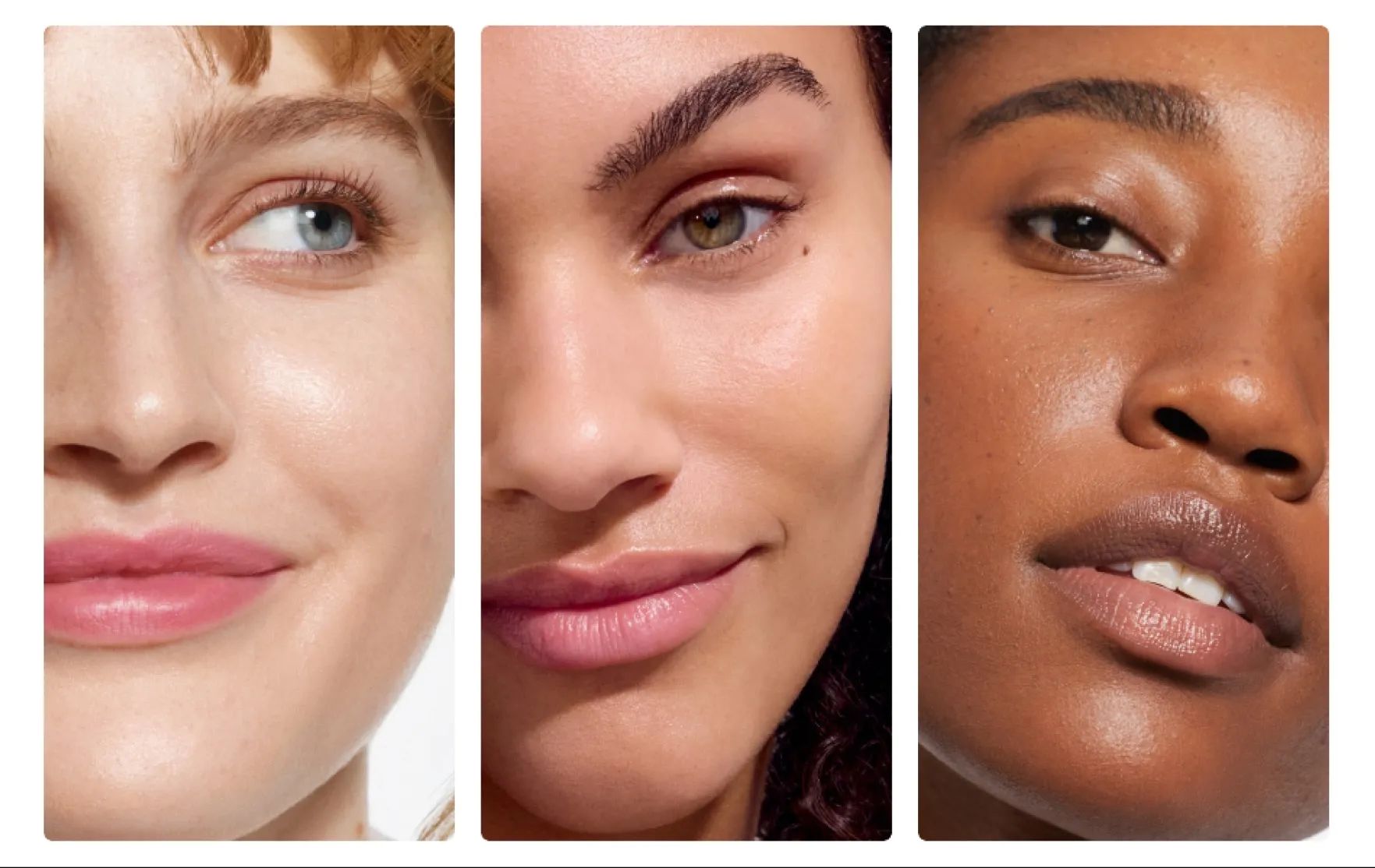 A triptych of 3 women with different complexions smiling after applying Neutrogena® Healthy Skin Liquid Makeup Broad Spectrum SPF 20