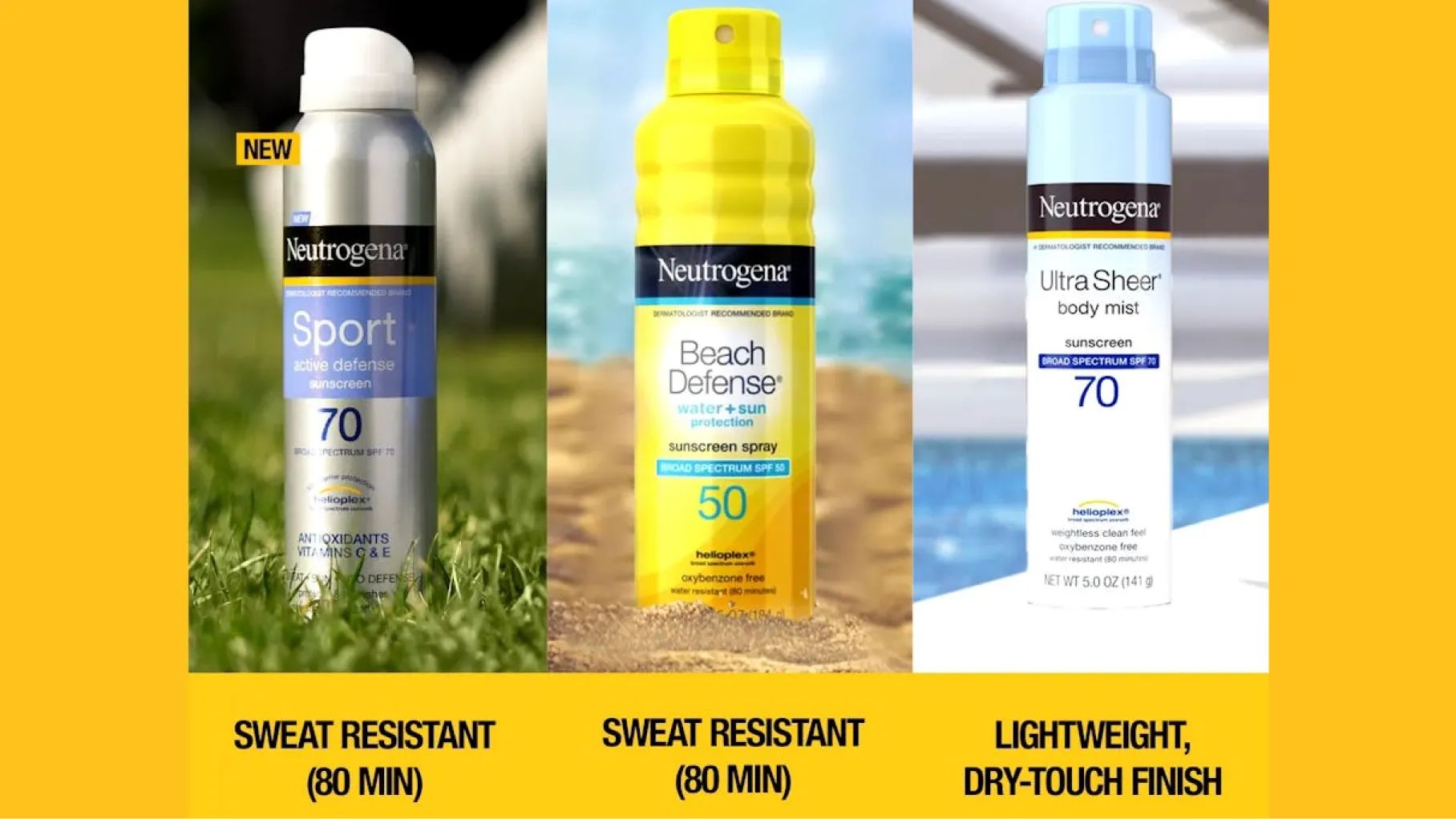  A side-by-side comparison of three Neutrogena spray sunscreens: a silver can of Sport Active Defense, a yellow can of Beach Defense, and a blue can of Ultra Sheer Body Mist.