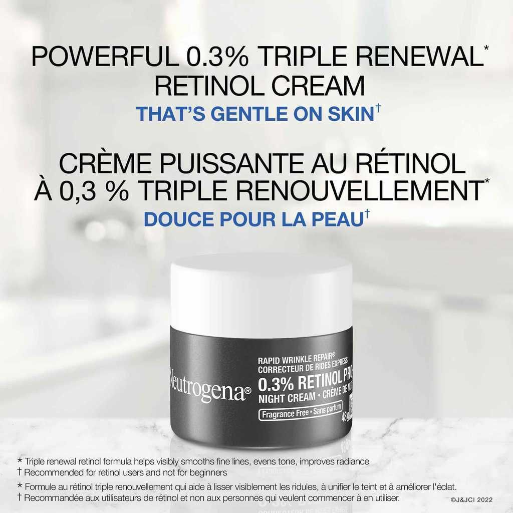 00062600492371 neutrogena rapidw Pot de crème de nuit 0.3% Retinol Pro+ Correcteur de rides express et texte disant «Crème puissante au rétinol à 0,3 %, triple renouvellement, douce pour la peau»