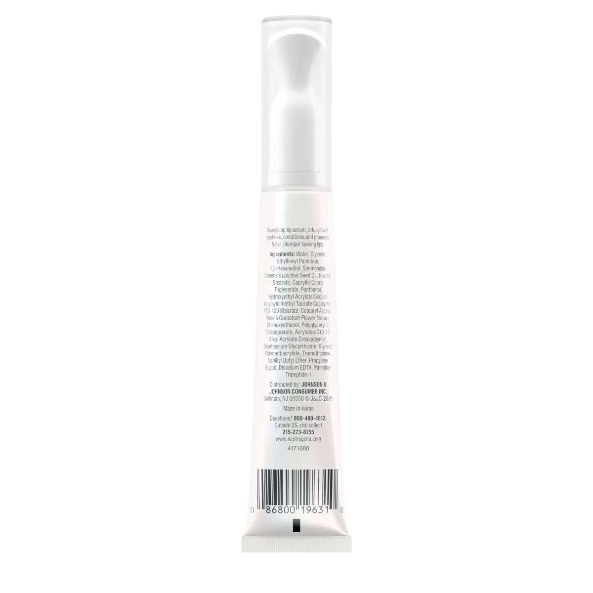 NTG_086800196310_US_MAKEUP_LIP_SERUM_.5OZ_00180.webp Neutrogena® Healthy Lips Lip Plumping Serum, 0.5 Fl. Oz, back of pack