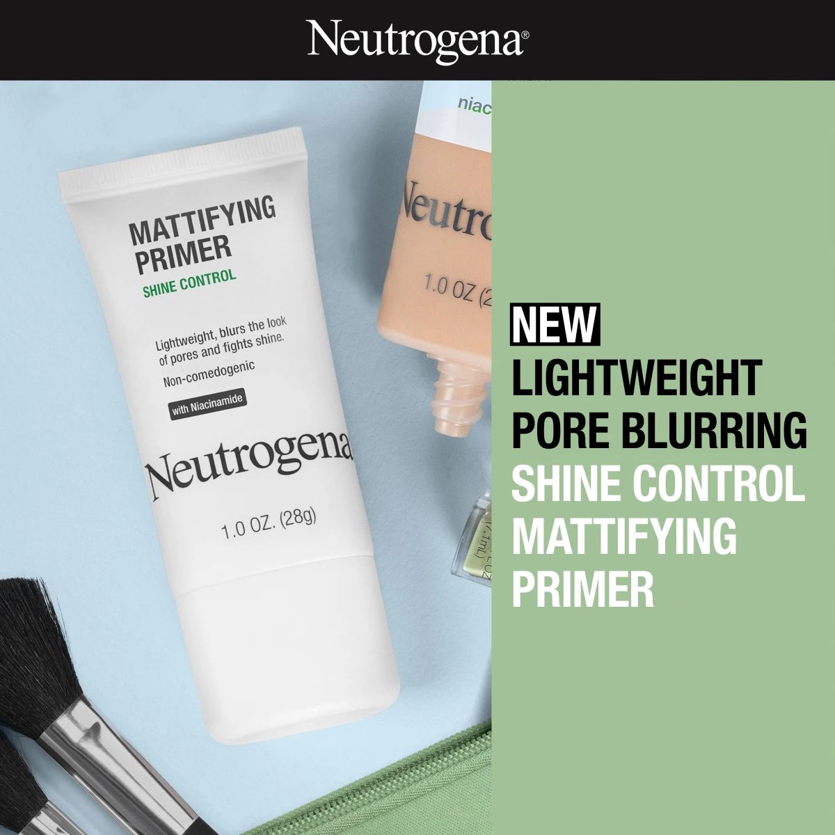 Neutrogena® new lightweight pore blurring shine control mattifying primer with makeup brushes