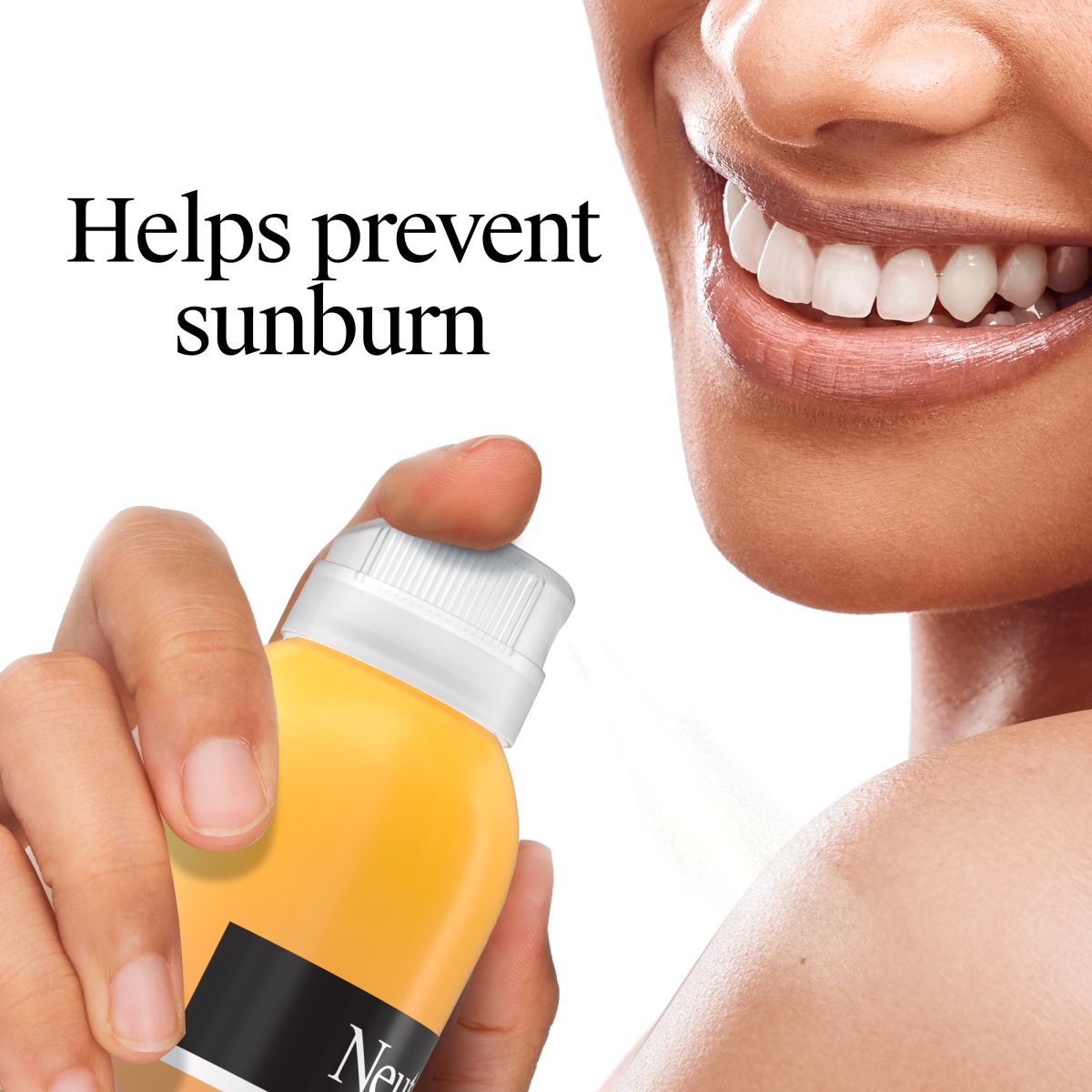 Smiling woman holding Neutrogena® sunscreen bottle, helps prevent sunburn with daily protection