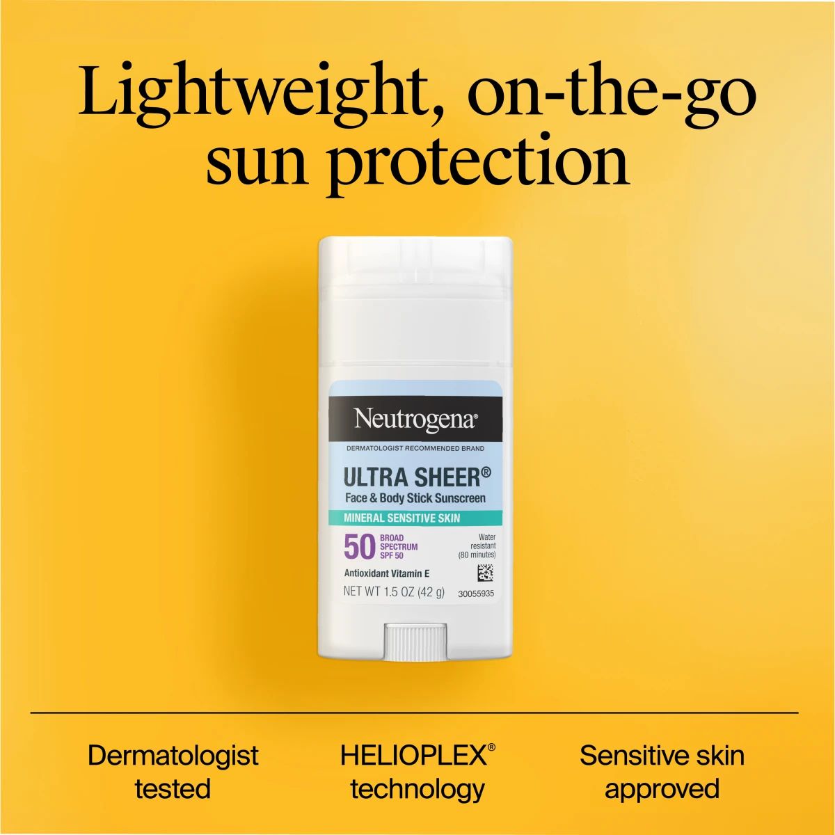 Neutrogena® Ultra Sheer® stick on yellow background with lightweight on-the-go sun protection