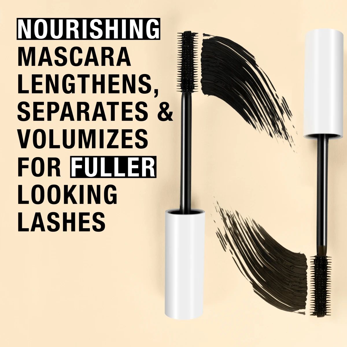 Nourishing mascara wands with swipes showing lengthening and volumizing for fuller lashes