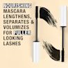 Nourishing mascara wands with swipes showing lengthening and volumizing for fuller lashes
