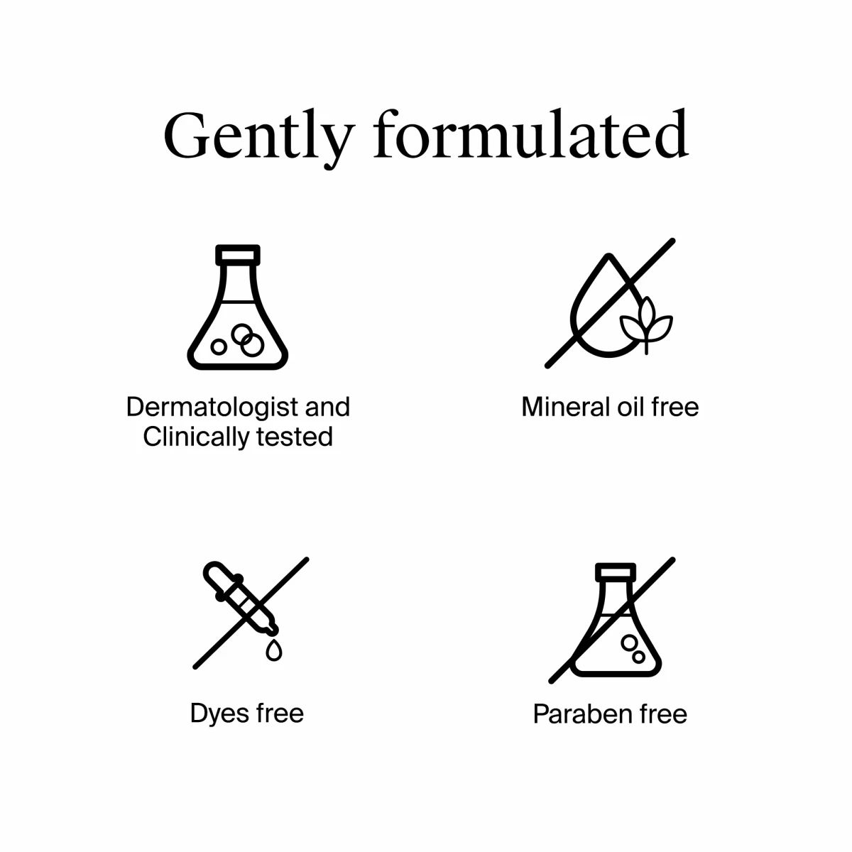 Icons showing dermatologist tested, mineral oil free, dyes free, paraben free formula