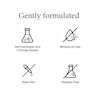 Icons showing dermatologist tested, mineral oil free, dyes free, paraben free formula