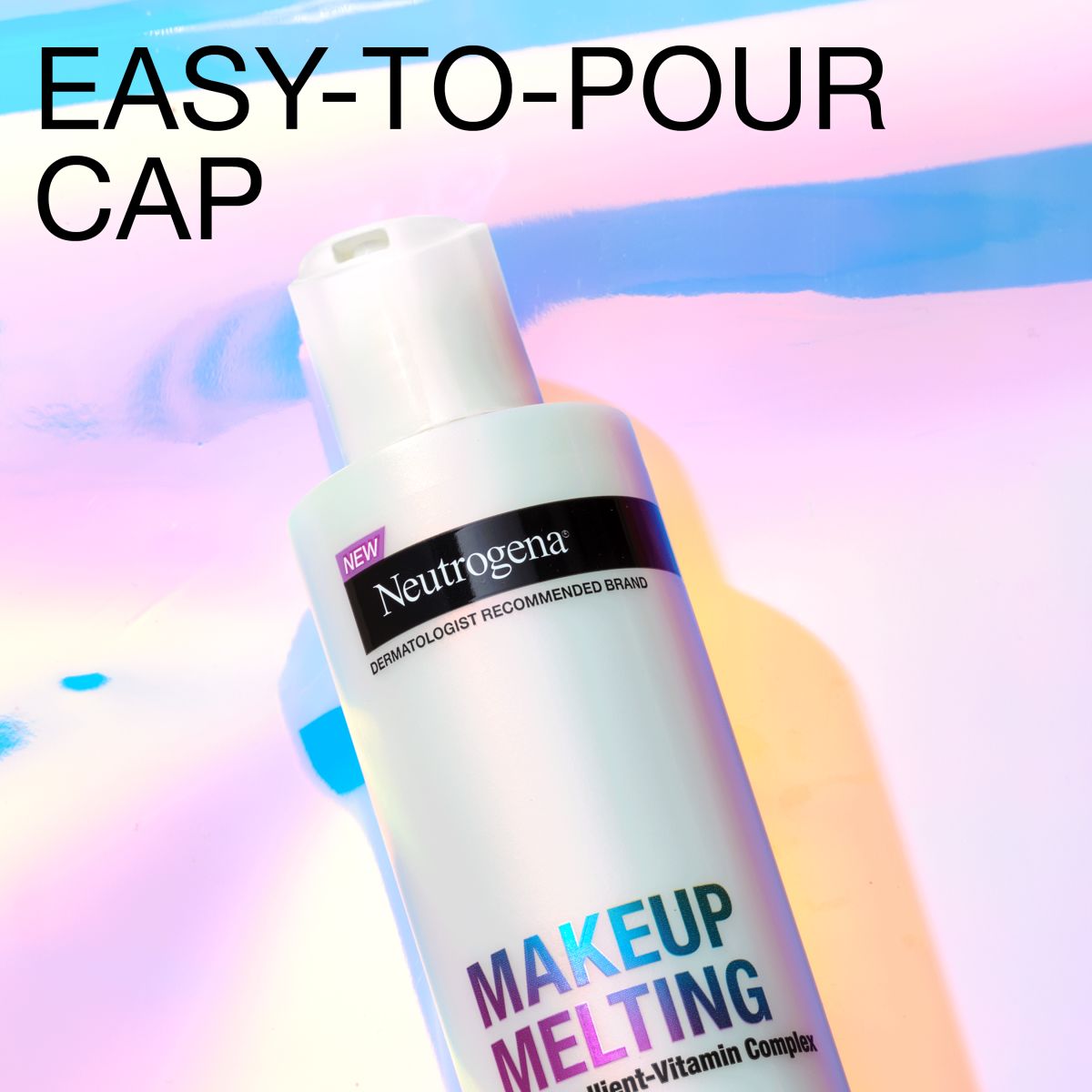 Neutrogena® Makeup Melting cleanser with a white flip-top lid, set against a colorful background with the text "EASY-TO-POUR CAP" at the top.