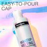 Neutrogena® Makeup Melting cleanser with a white flip-top lid, set against a colorful background with the text "EASY-TO-POUR CAP" at the top.