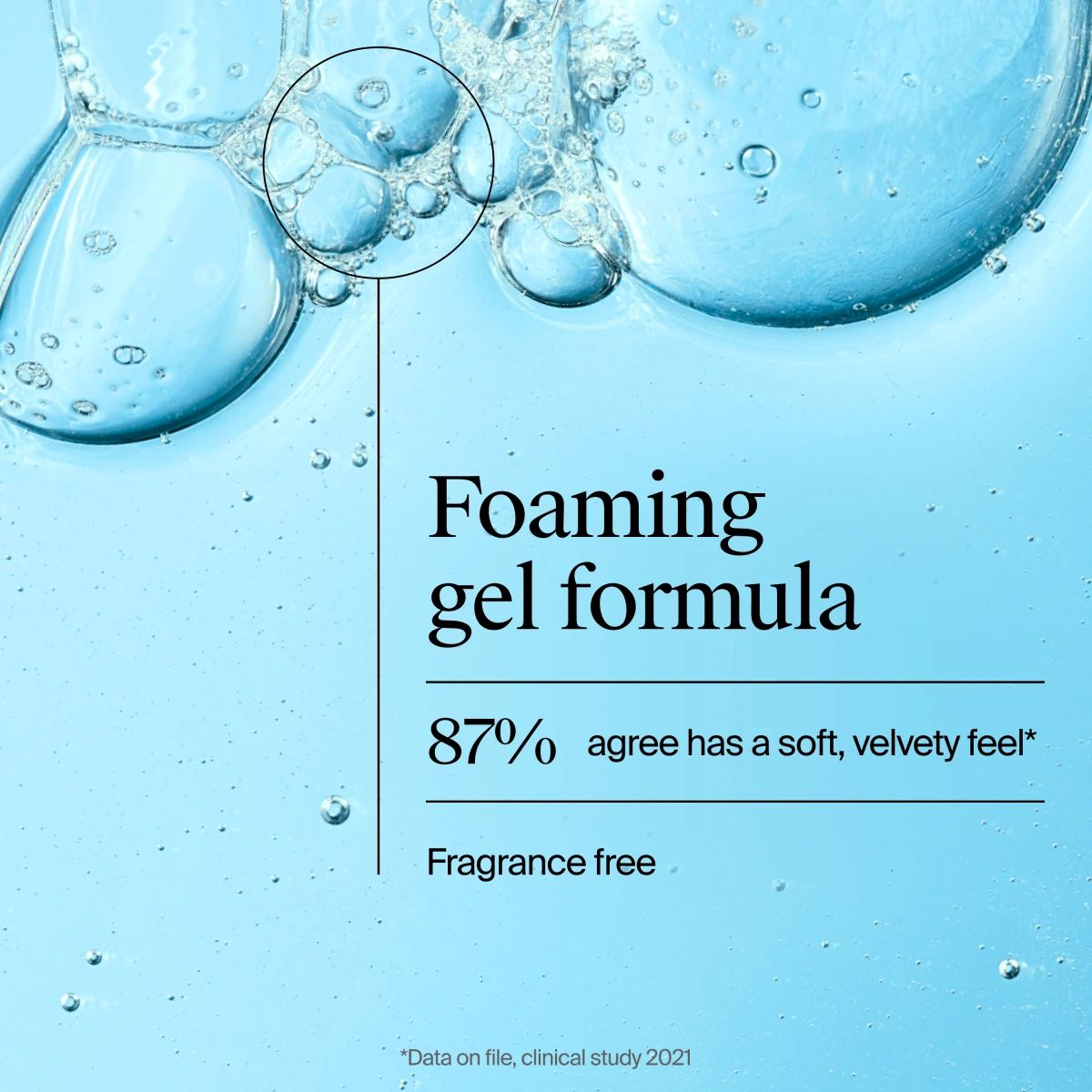 Blue bubbles with foaming gel formula claim, 87 percent agree soft, velvety feel, fragrance free