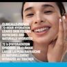 Woman touching her skin and smiling with a text stating, 'Clinically Proven 72-Hour Hydration '