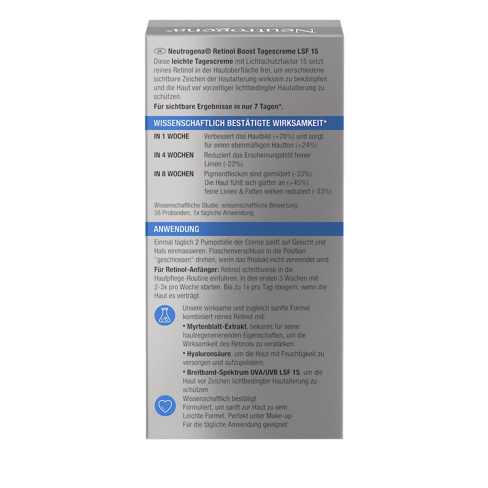 Packshot Neutrogena® Retinol Boost Tagescreme Packungsrückseite