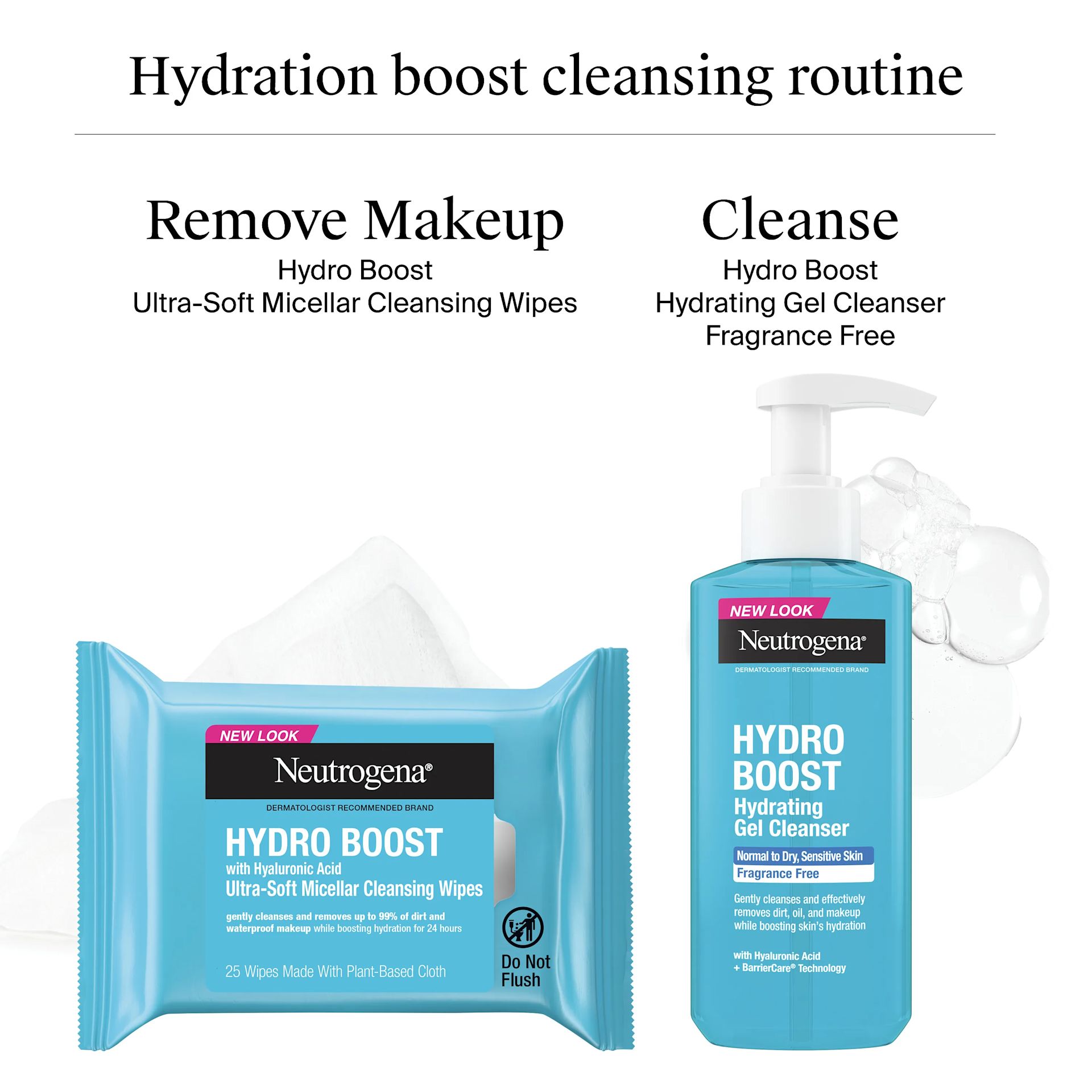 Hydration-Boost-Duo Carousel2 Neutrogena® Hydration Boost Cleansing Regimen Duo: Remove Makeup with Cleansing Wipes With Hyaluronic Acid then Cleanse with Hydro Boost Hydrating Fragrance Free Gel Cleanser