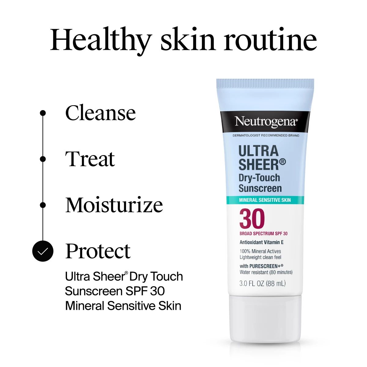 Healthy skin routine list Cleanse, Treat, Moisturize, Protect beside Neutrogena® tube